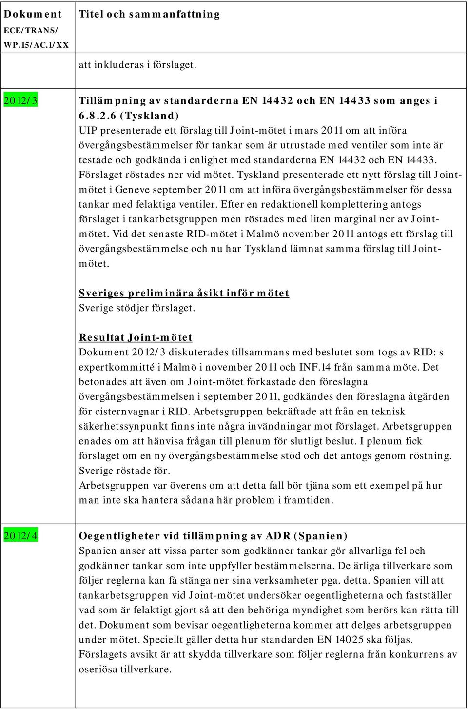 utrustade med ventiler som inte är testade och godkända i enlighet med standarderna EN 14432 och EN 14433. Förslaget röstades ner vid mötet.
