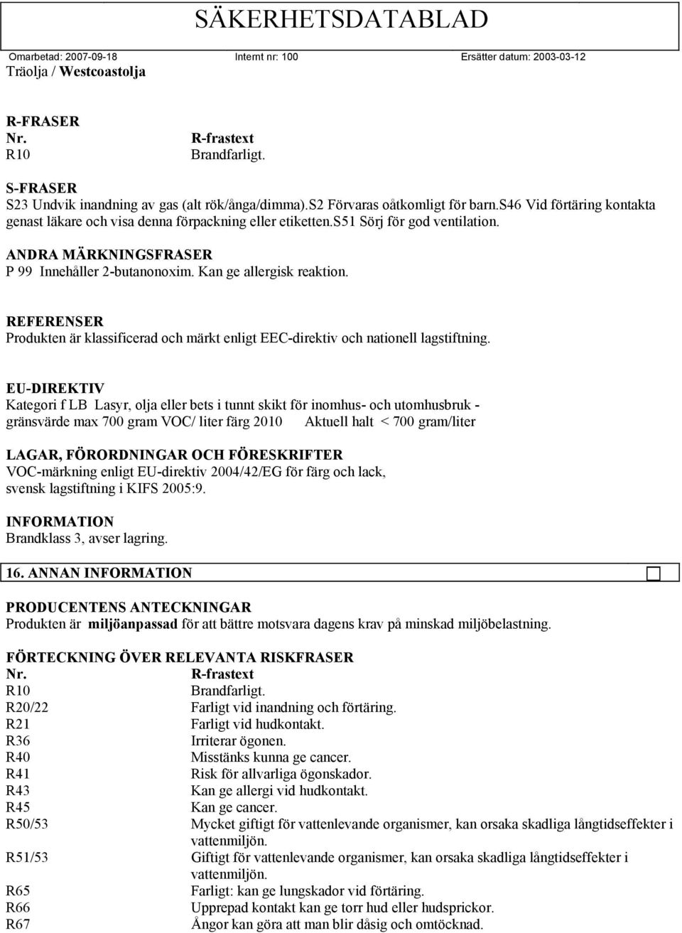 REFERENSER Produkten är klassificerad och märkt enligt EEC-direktiv och nationell lagstiftning.