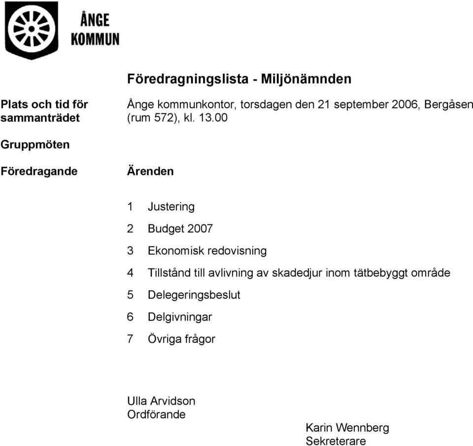 00 Gruppmöten Föredragande Ärenden 1 Justering 2 Budget 2007 3 Ekonomisk redovisning 4 Tillstånd