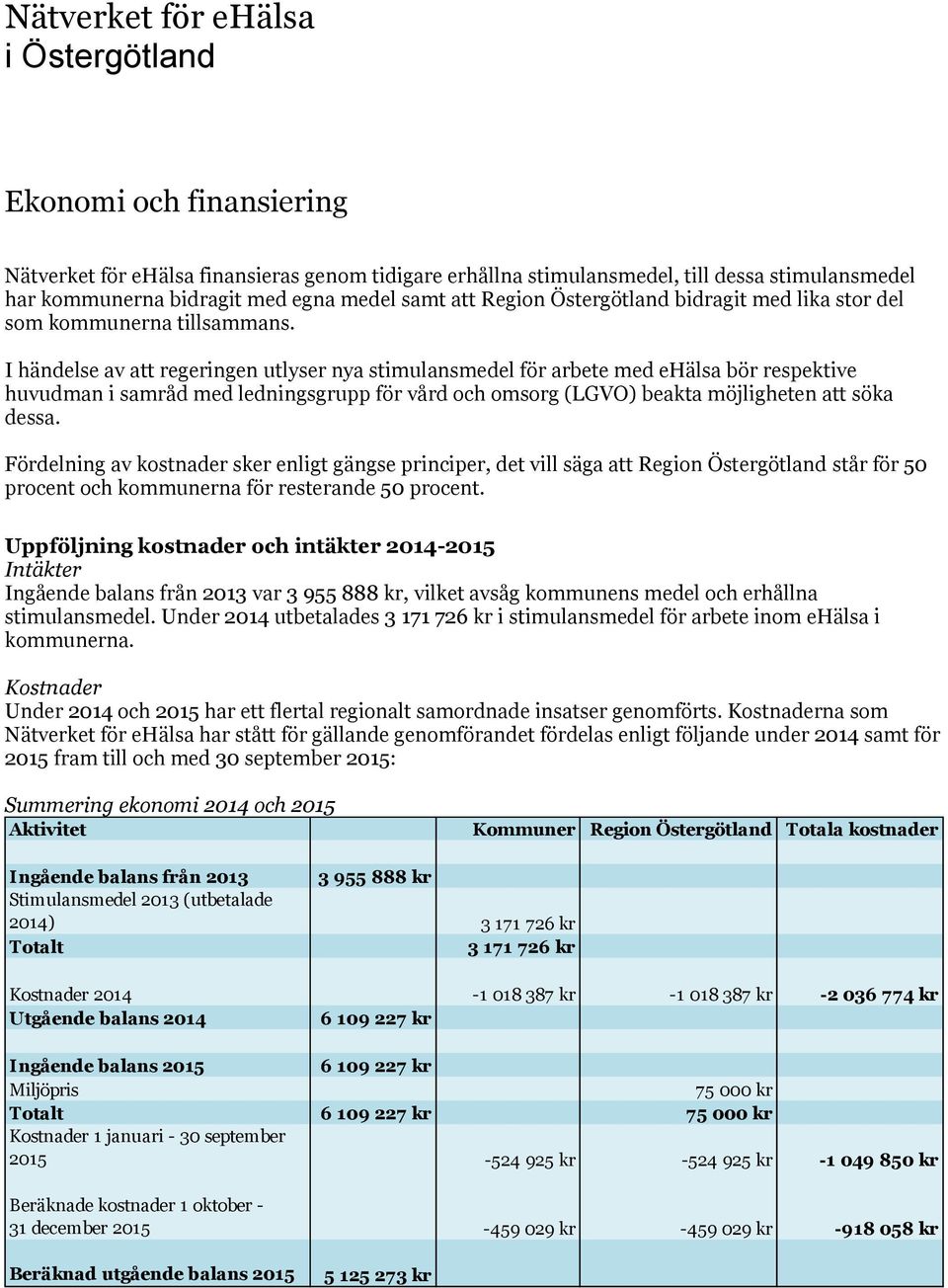 I händelse av att regeringen utlyser nya stimulansmedel för arbete med ehälsa bör respektive huvudman i samråd med ledningsgrupp för vård och omsorg (LGVO) beakta möjligheten att söka dessa.