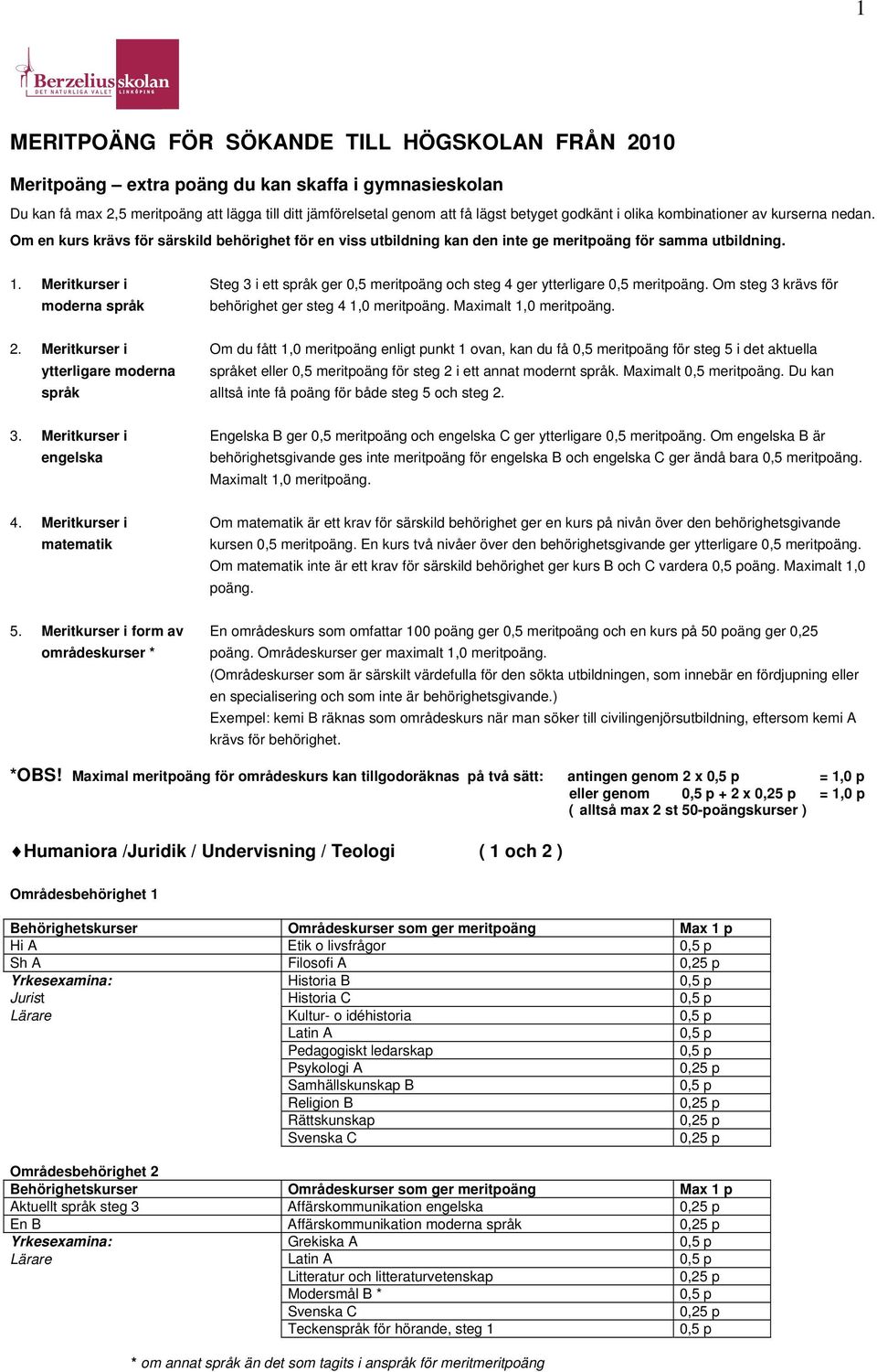 Meritkurser i moderna språk Steg 3 i ett språk ger 0,5 meritpoäng och steg 4 ger ytterligare 0,5 meritpoäng. Om steg 3 krävs för behörighet ger steg 4 1,0 meritpoäng. Maximalt 1,0 meritpoäng. 2.