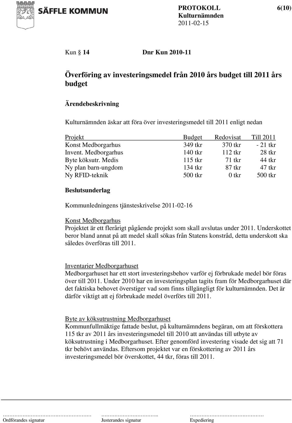 Medis 115 tkr 71 tkr 44 tkr Ny plan barn-ungdom 134 tkr 87 tkr 47 tkr Ny RFID-teknik 500 tkr 0 tkr 500 tkr sunderlag Kommunledningens tjänsteskrivelse 2011-02-16 Konst Medborgarhus Projektet är ett