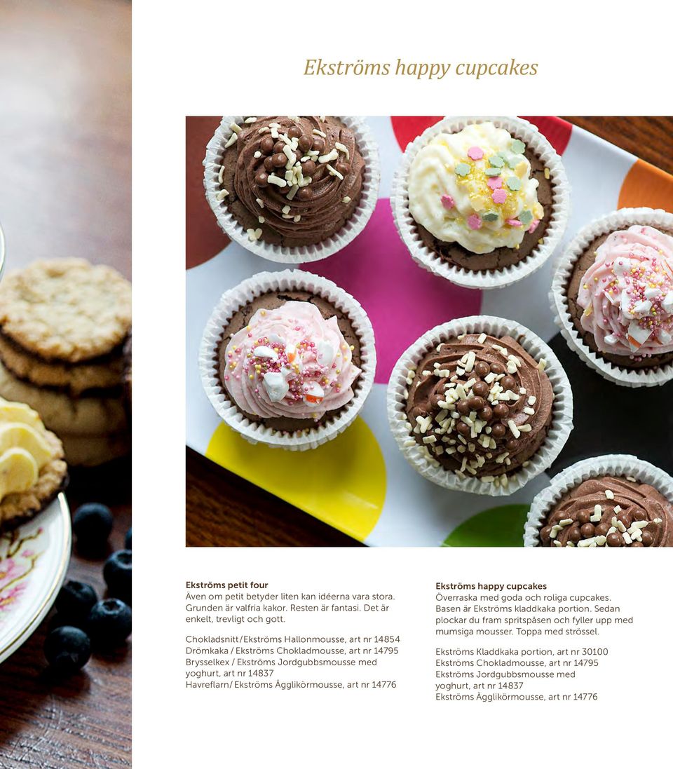 Ägglikörmousse, art nr 14776 Ekströms happy cupcakes Överraska med goda och roliga cupcakes. Basen är Ekströms kladdkaka portion.