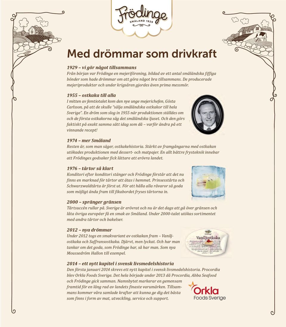 1955 ostkaka till alla I mitten av femtiotalet kom den nye unge mejerichefen, Gösta Carlsson, på att de skulle sälja småländska ostkakor till hela Sverige.