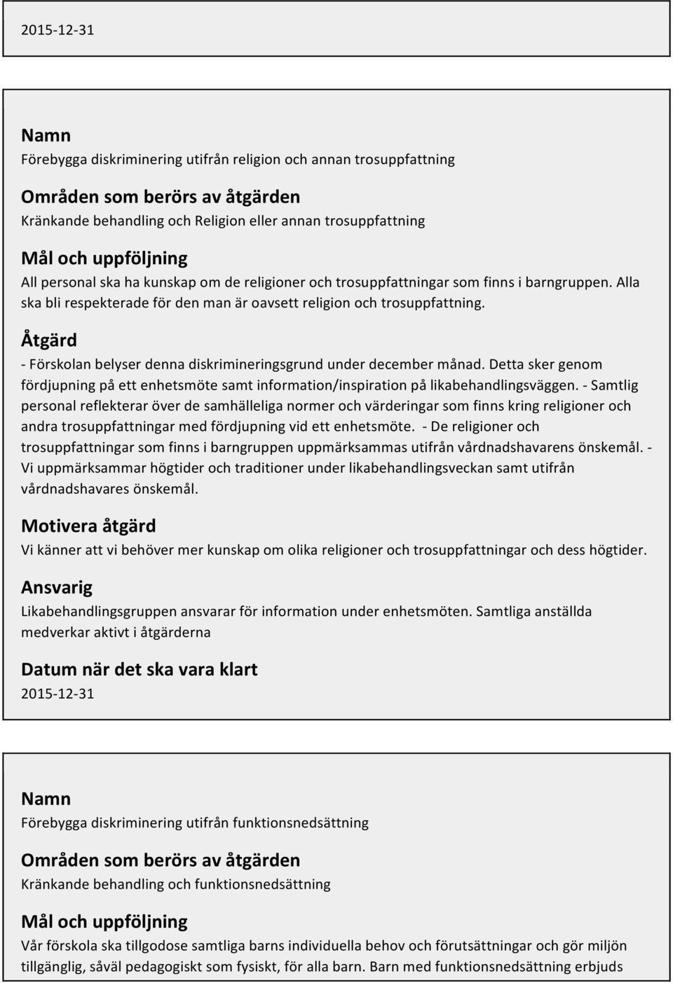 Åtgärd - Förskolan belyser denna diskrimineringsgrund under december månad. Detta sker genom fördjupning på ett enhetsmöte samt information/inspiration på likabehandlingsväggen.