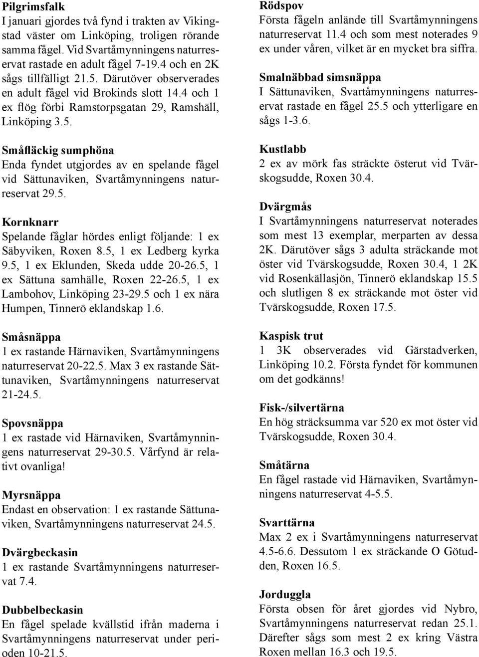 5. Kornknarr Spelande fåglar hördes enligt följande: 1 ex Säbyviken, Roxen 8.5, 1 ex Ledberg kyrka 9.5, 1 ex Eklunden, Skeda udde 20-26.5, 1 ex Sättuna samhälle, Roxen 22-26.