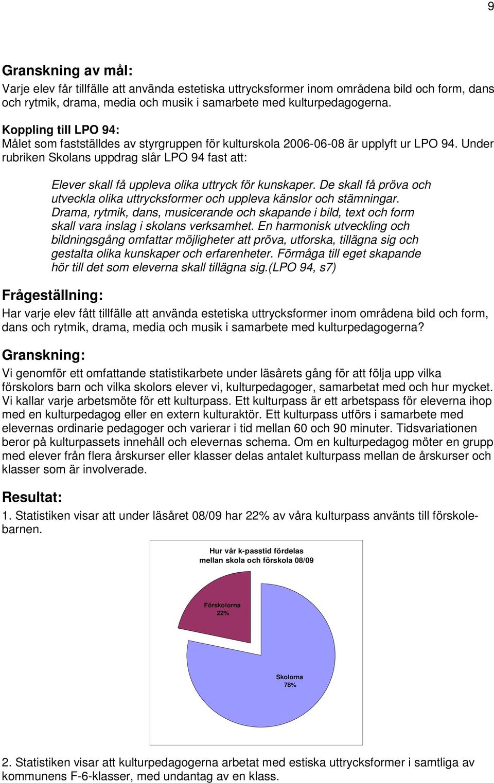 Under rubriken Skolans uppdrag slår LPO 94 fast att: Elever skall få uppleva olika uttryck för kunskaper. De skall få pröva och utveckla olika uttrycksformer och uppleva känslor och stämningar.
