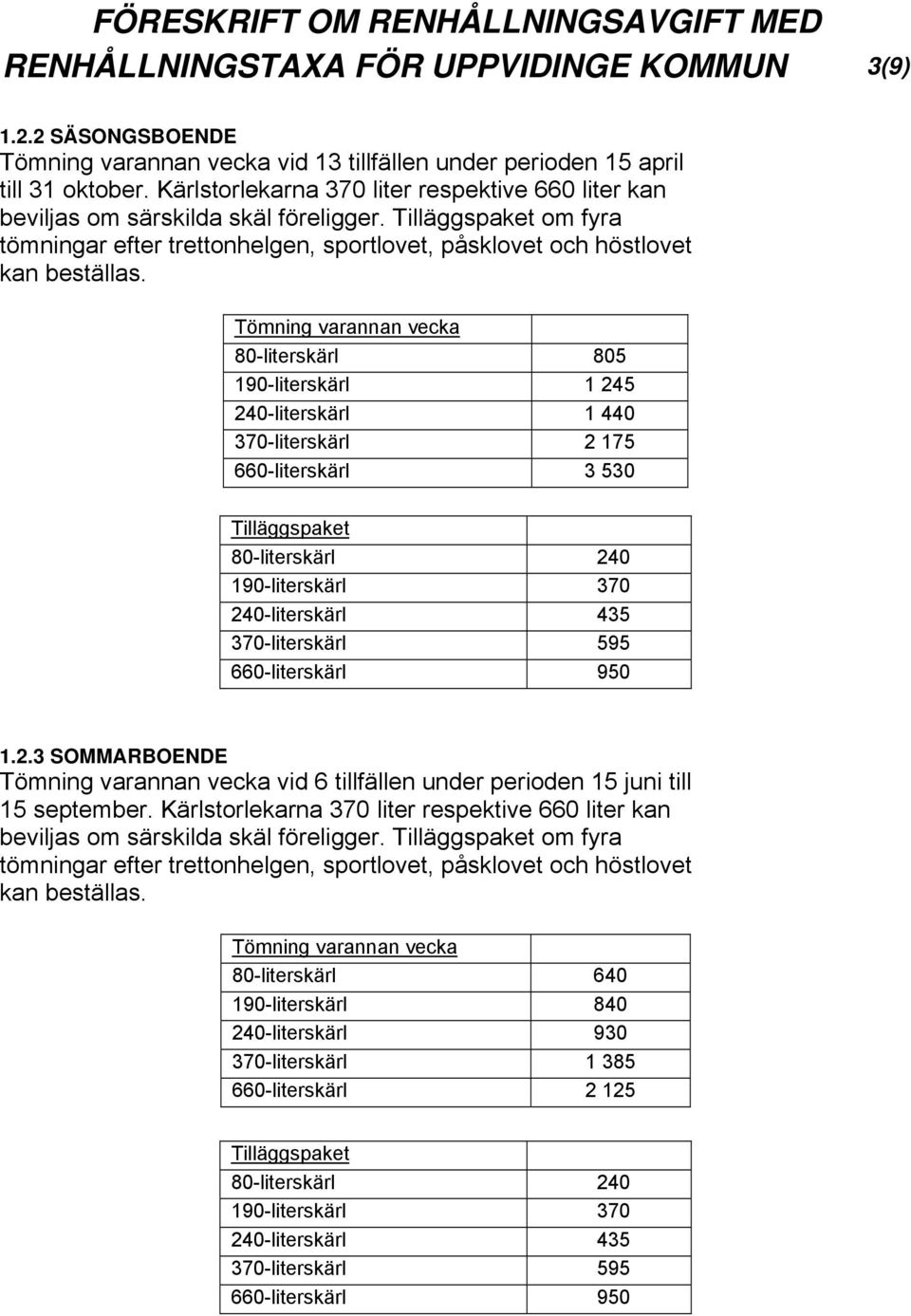 80-literskärl 805 190-literskärl 1 245 240-literskärl 1 440 370-literskärl 2 175 660-literskärl 3 530 Tilläggspaket 80-literskärl 240 190-literskärl 370 240-literskärl 435 370-literskärl 595