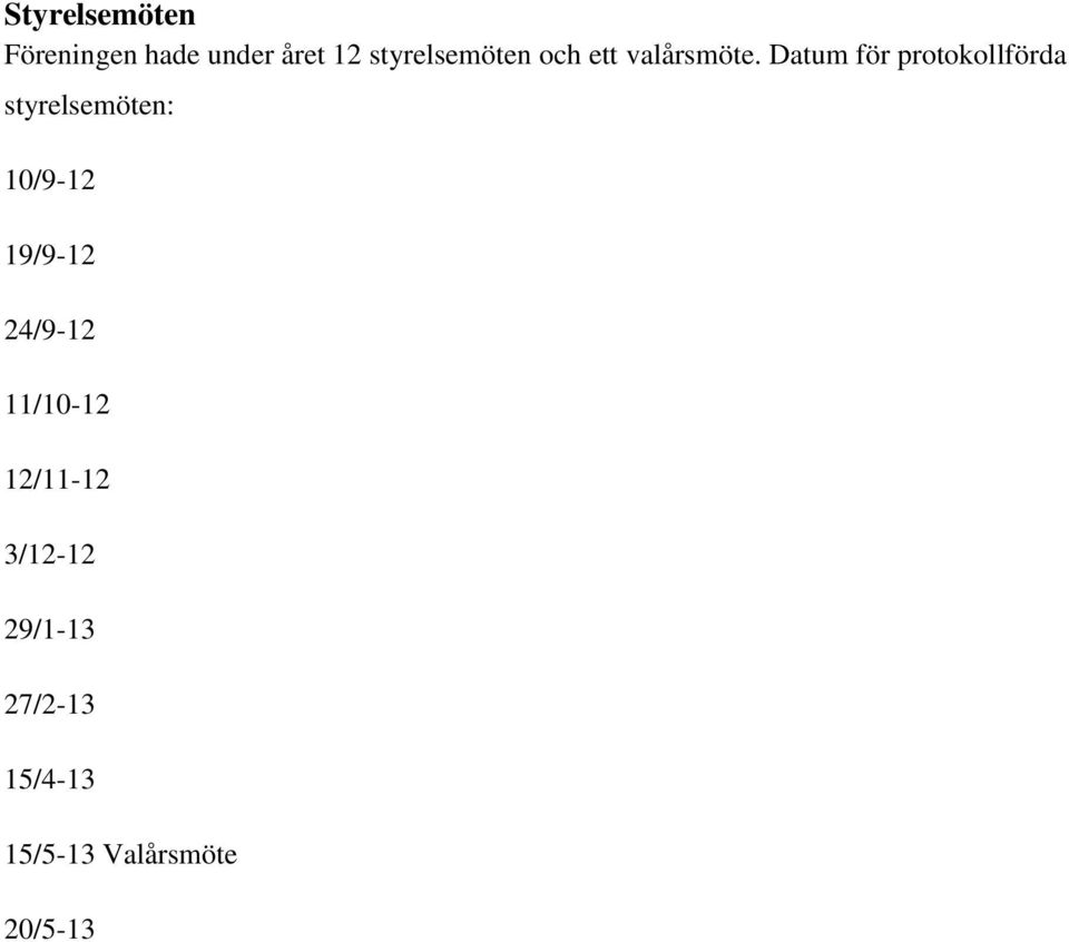 Datum för protokollförda styrelsemöten: 10/9-12