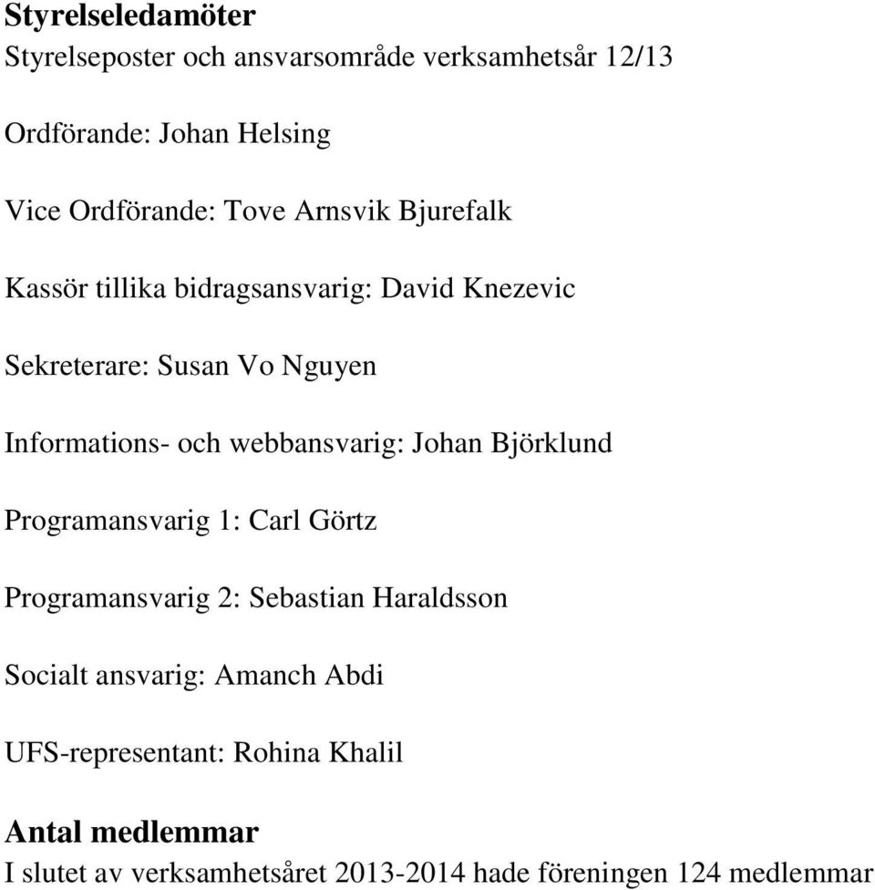 webbansvarig: Johan Björklund Programansvarig 1: Carl Görtz Programansvarig 2: Sebastian Haraldsson Socialt ansvarig: