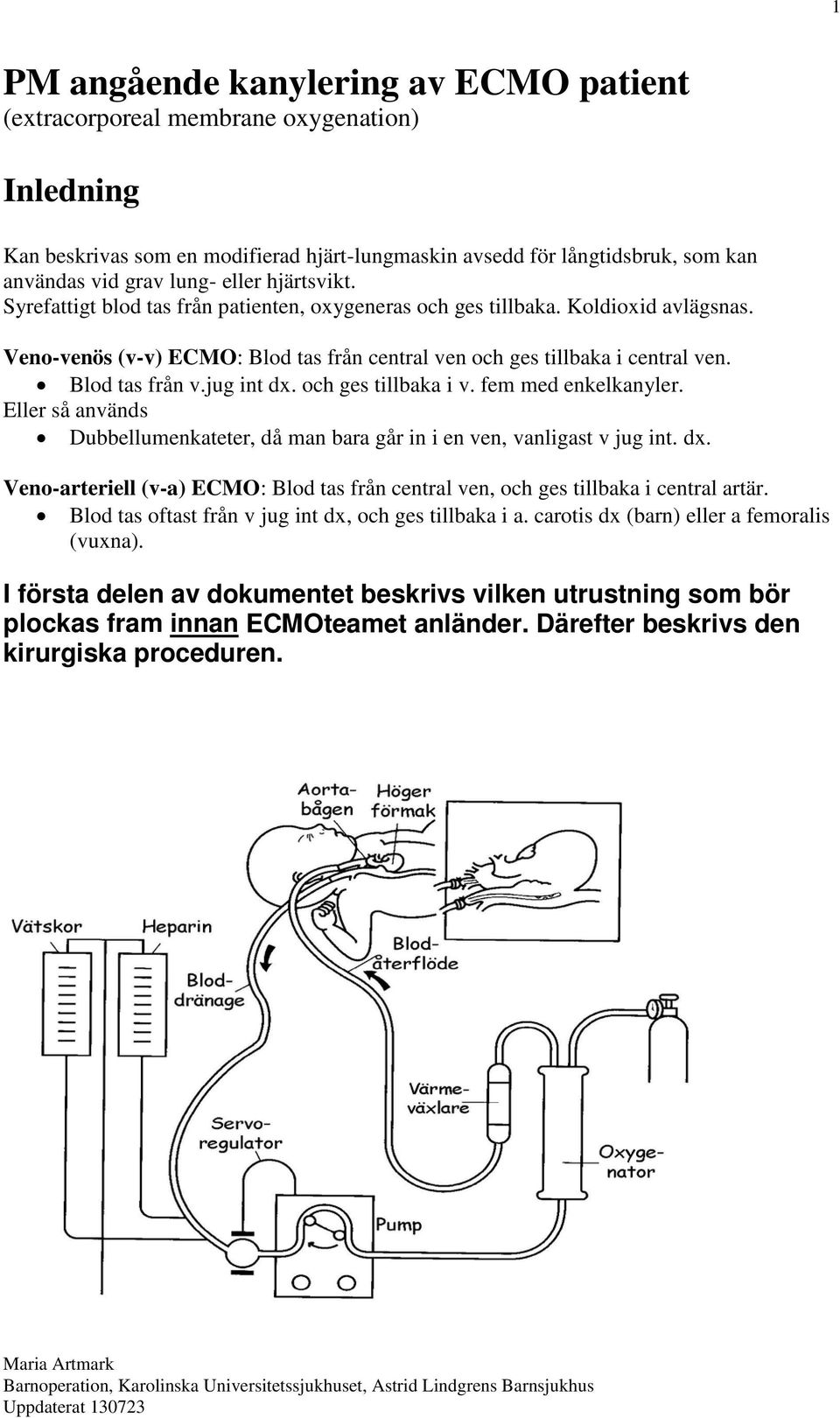 Blod tas från v.jug int dx. och ges tillbaka i v. fem med enkelkanyler. Eller så används Dubbellumenkateter, då man bara går in i en ven, vanligast v jug int. dx. Veno-arteriell (v-a) ECMO: Blod tas från central ven, och ges tillbaka i central artär.