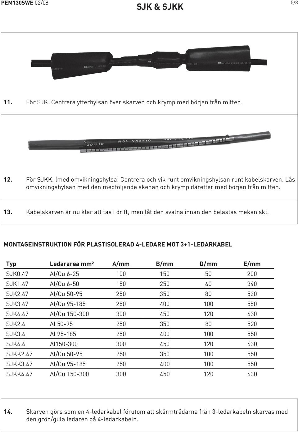 MONTAGEINSTRUKTION FÖR PLASTISOLERAD 4-LEDARE MOT 3+1-LEDARKABEL Typ Ledararea mm² A/mm B/mm D/mm E/mm SJK0.47 Al/Cu 6-25 100 150 50 200 SJK1.47 Al/Cu 6-50 150 250 60 340 SJK2.