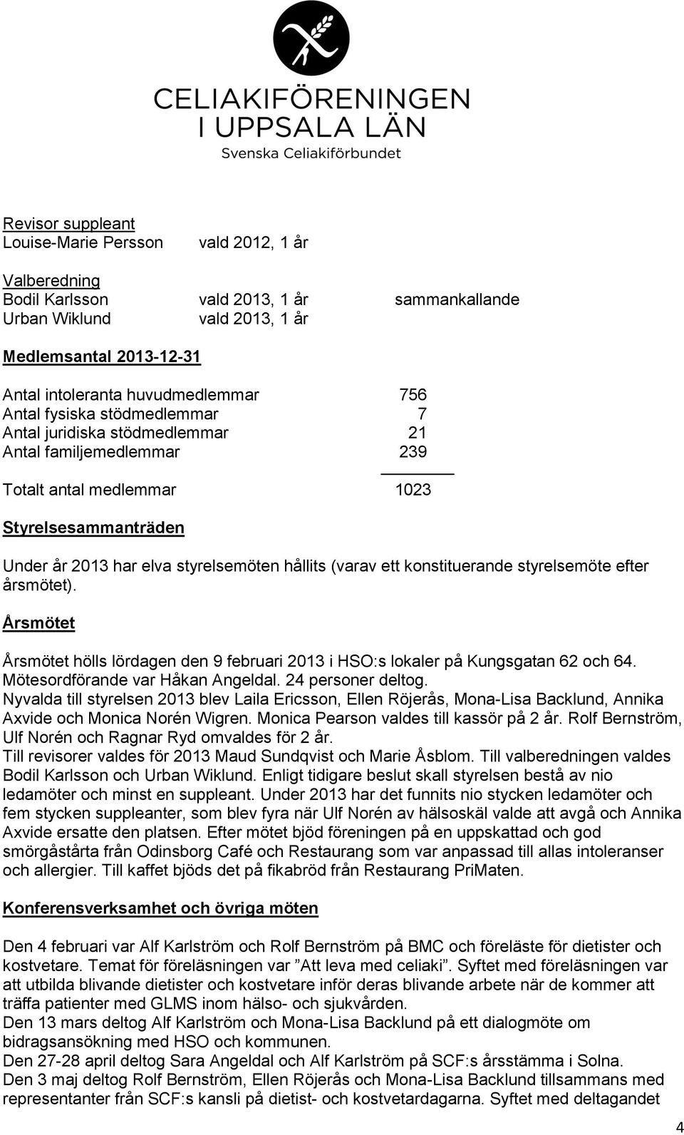 hållits (varav ett konstituerande styrelsemöte efter årsmötet). Årsmötet Årsmötet hölls lördagen den 9 februari 2013 i HSO:s lokaler på Kungsgatan 62 och 64. Mötesordförande var Håkan Angeldal.