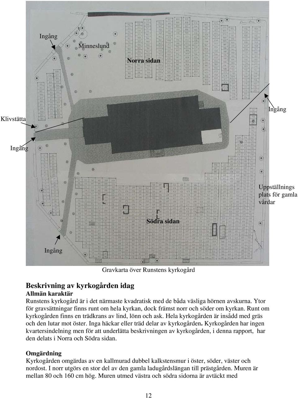 Runt om kyrkogården finns en trädkrans av lind, lönn och ask. Hela kyrkogården är insådd med gräs och den lutar mot öster. Inga häckar eller träd delar av kyrkogården.
