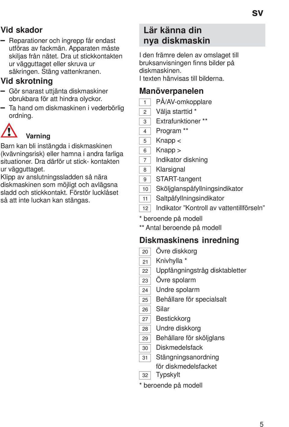 Varning Barn kan bli instängda i diskmaskinen (kvävningsrisk) eller hamna i andra farliga situationer. Dra därför ut stick- kontakten ur vägguttaget.