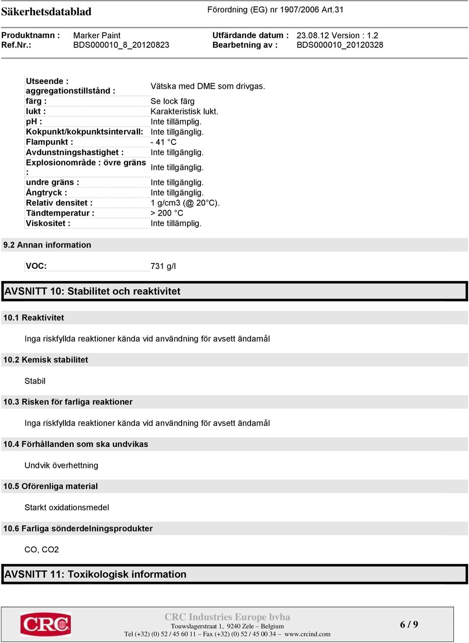 Relativ densitet : 1 g/cm3 (@ 20 C). Tändtemperatur : > 200 C Viskositet : Inte tillämplig. 9.2 Annan information VOC: 731 g/l AVSNITT 10: Stabilitet och reaktivitet 10.