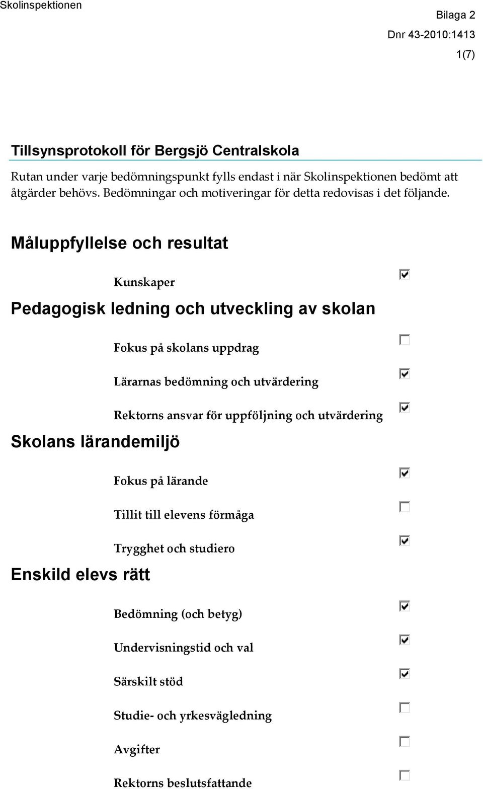 Måluppfyllelse och resultat Kunskaper Pedagogisk ledning och utveckling av skolan Fokus på skolans uppdrag Lärarnas bedömning och utvärdering Skolans