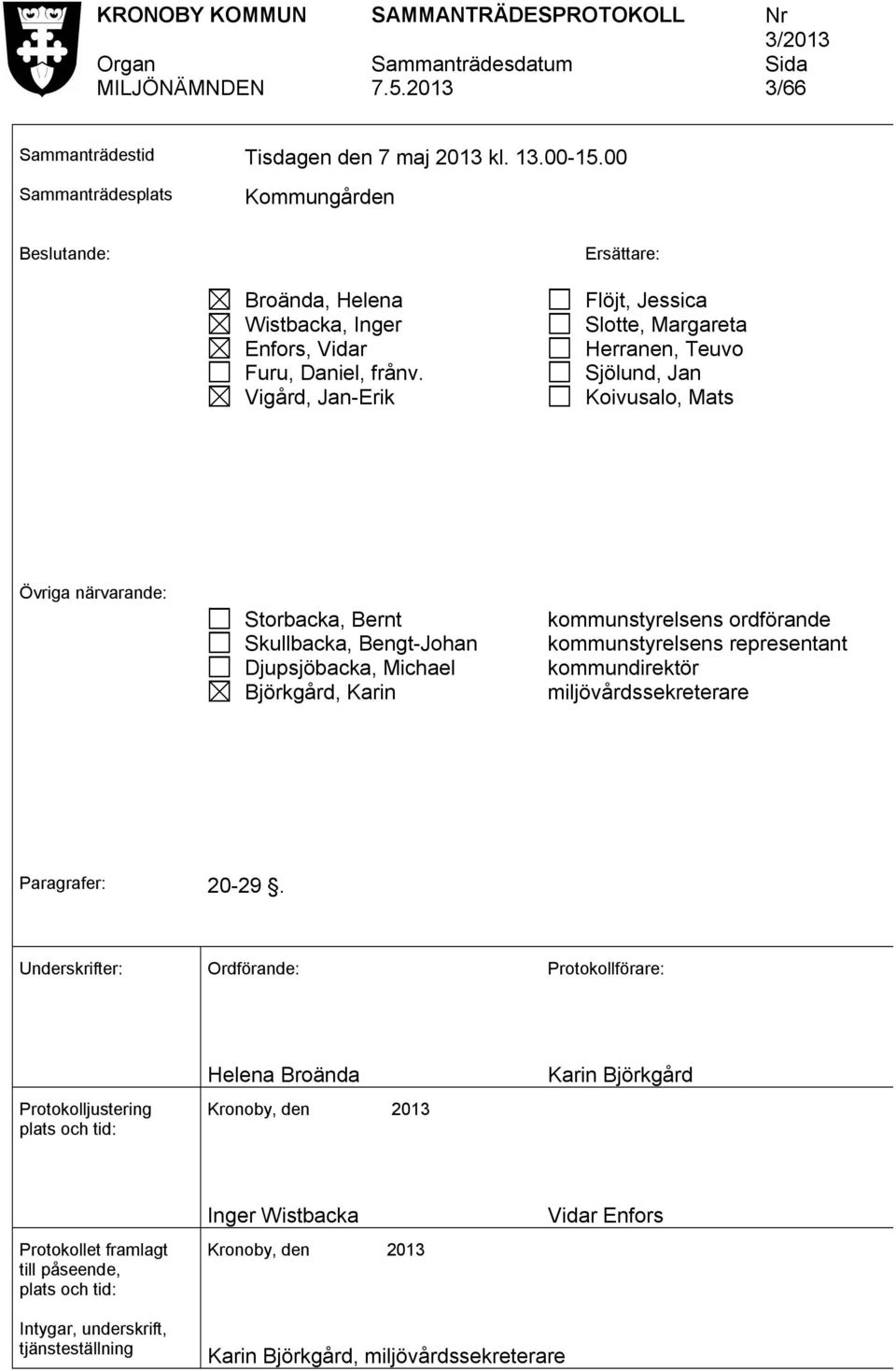 Vigård, Jan-Erik Flöjt, Jessica Slotte, Margareta Herranen, Teuvo Sjölund, Jan Koivusalo, Mats Övriga närvarande: Storbacka, Bernt Skullbacka, Bengt-Johan Djupsjöbacka, Michael Björkgård, Karin