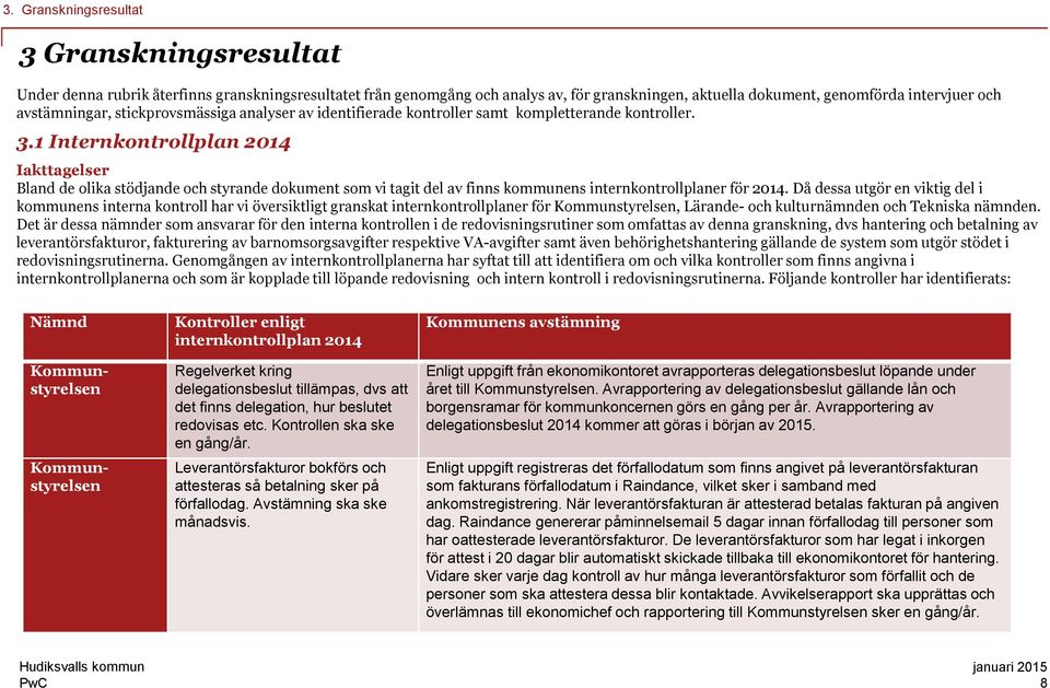 1 Internkontrollplan 2014 Iakttagelser Bland de olika stödjande och styrande dokument som vi tagit del av finns kommunens internkontrollplaner för 2014.