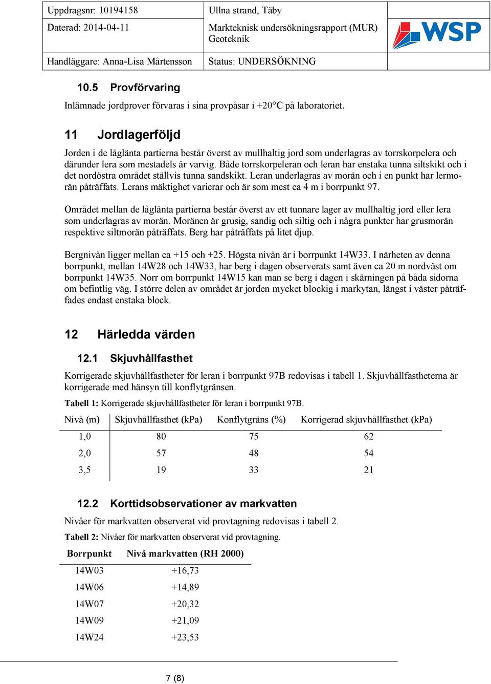 11 Jordlagerföljd Jorden i de låglänta partierna består överst av mullhaltig jord som underlagras av torrskorpelera och därunder lera som mestadels är varvig.