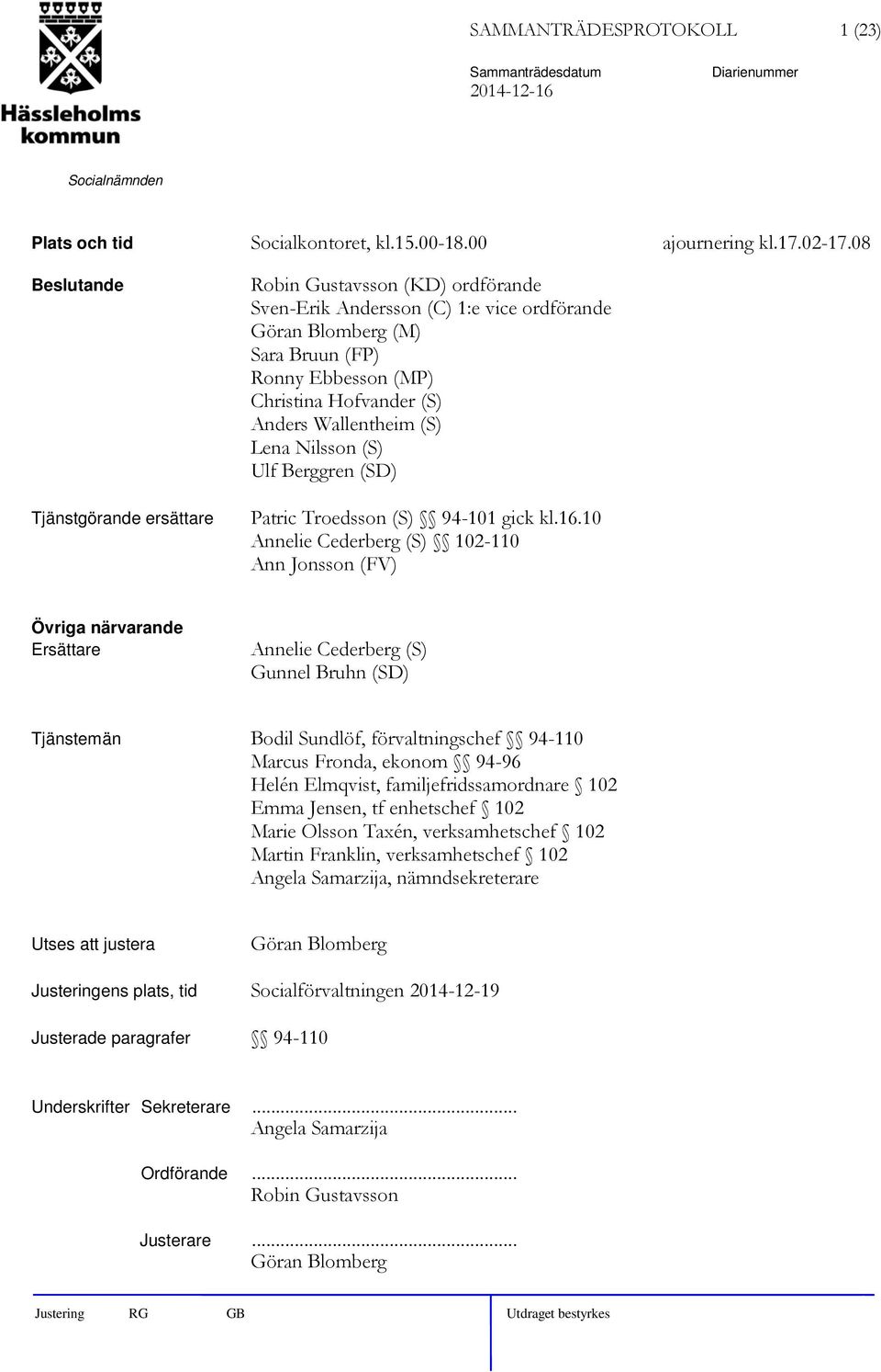 Wallentheim (S) Lena Nilsson (S) Ulf Berggren (SD) Patric Troedsson (S) 94-101 gick kl.16.