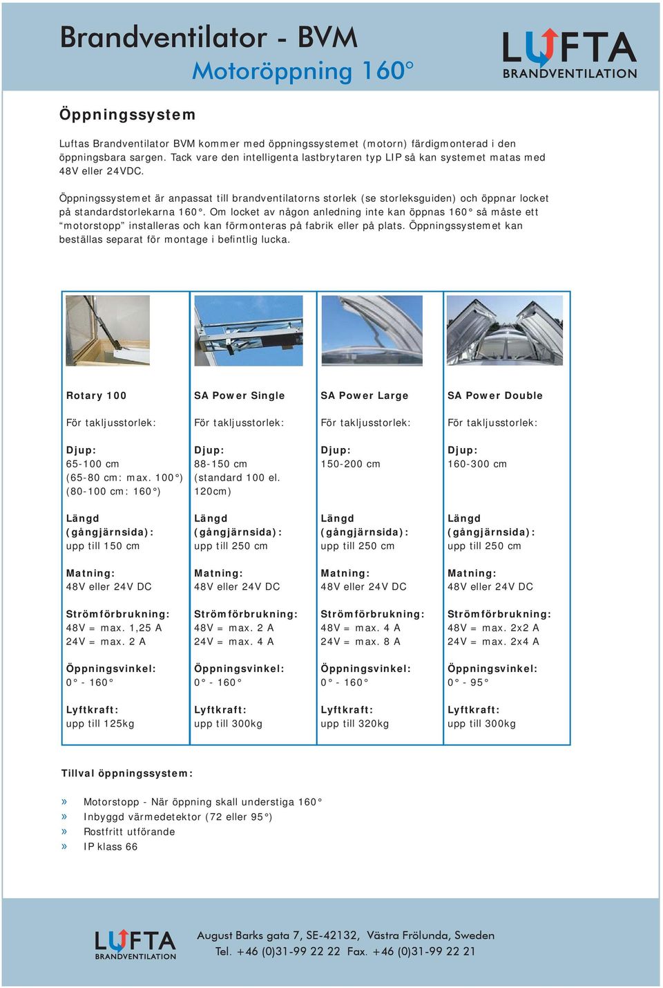 Öppningssystemet är anpassat till brandventilatorns storlek (se storleksguiden) och öppnar locket på standardstorlekarna 160.