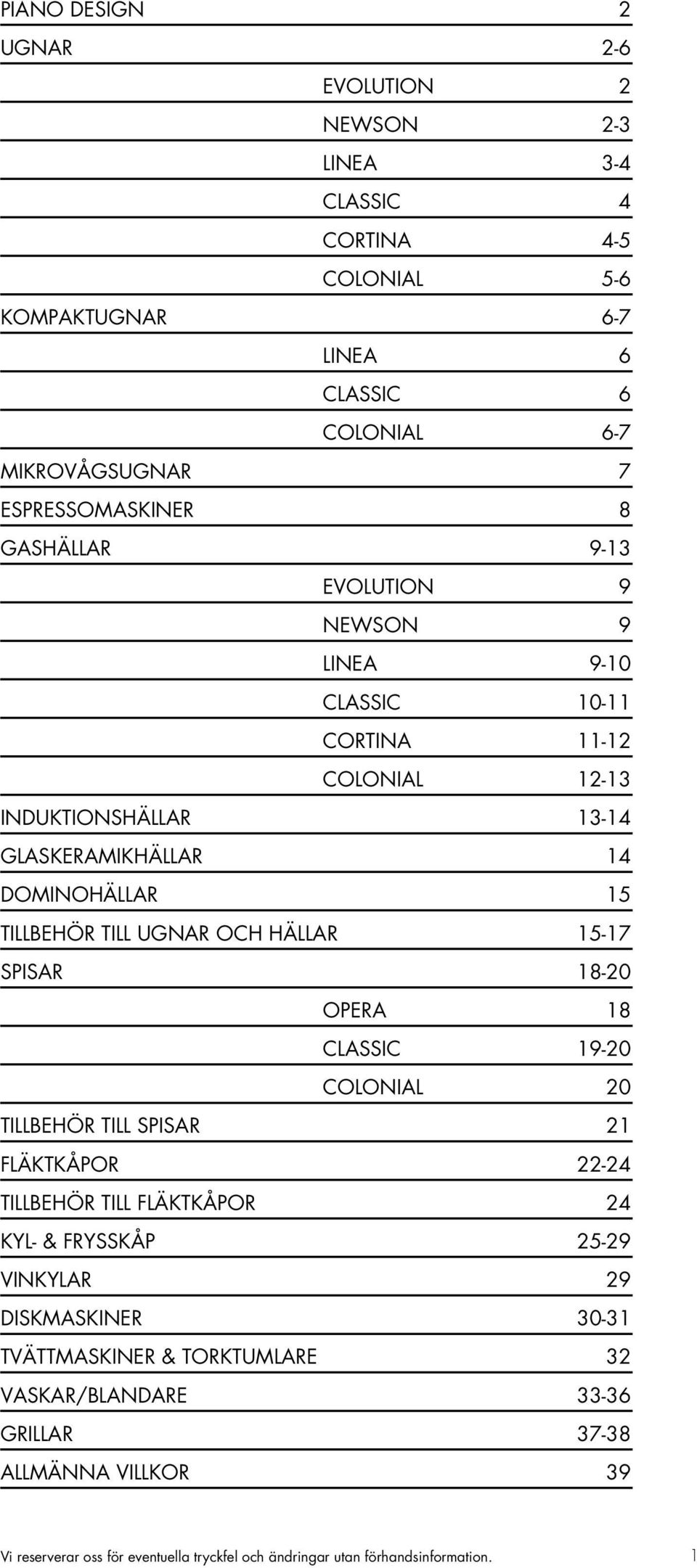 HÄLLAR 15-17 SPISAR 18-20 Opera 18 Classic 19-20 Colonial 20 TILLBEHÖR TILL SPISAR 21 FLÄKTKÅPOR 22-24 TILLBEHÖR TILL FLÄKTKÅPOR 24 KYL- & FRYSSKÅP 25-29 VINKYLAR 29
