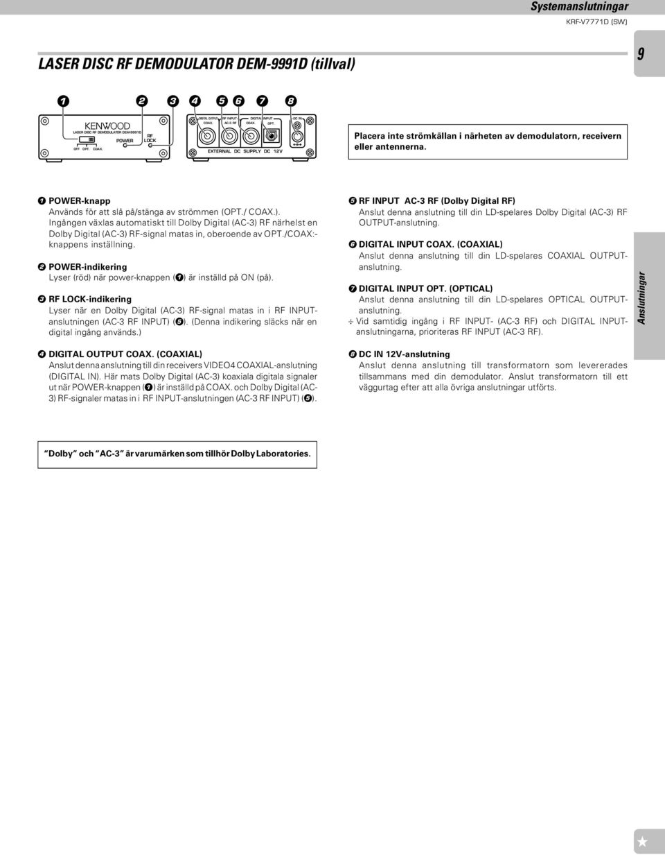 POWER-knapp Används för att slå på/stänga av strömmen (OPT./ COAX.). Ingången växlas automatiskt till Dolby Digital (AC-) RF närhelst en Dolby Digital (AC-) RF-signal matas in, oberoende av OPT.