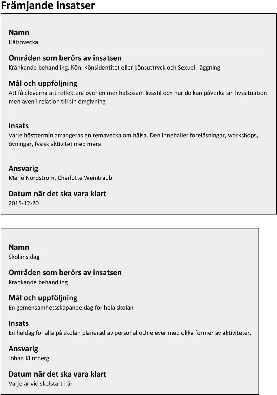 Den innehåller föreläsningar, workshops, övningar, fysisk aktivitet med mera.