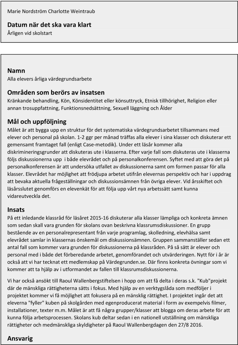det systematiska värdegrundsarbetet tillsammans med elever och personal på skolan.