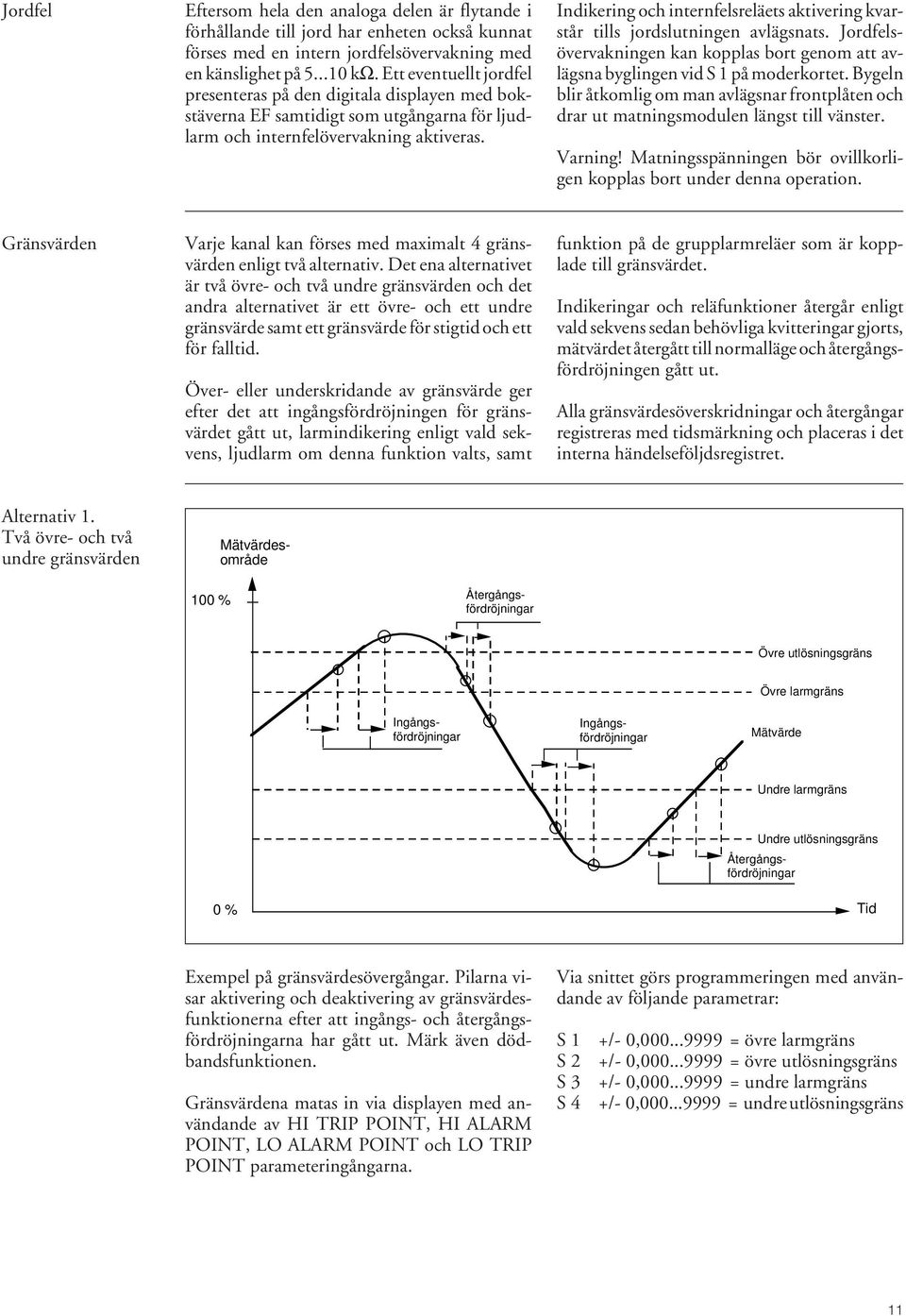 Indikering och internfelsreläets aktivering kvarstår tills jordslutningen avlägsnats. Jordfelsövervakningen kan kopplas bort genom att avlägsna byglingen vid S 1 på moderkortet.