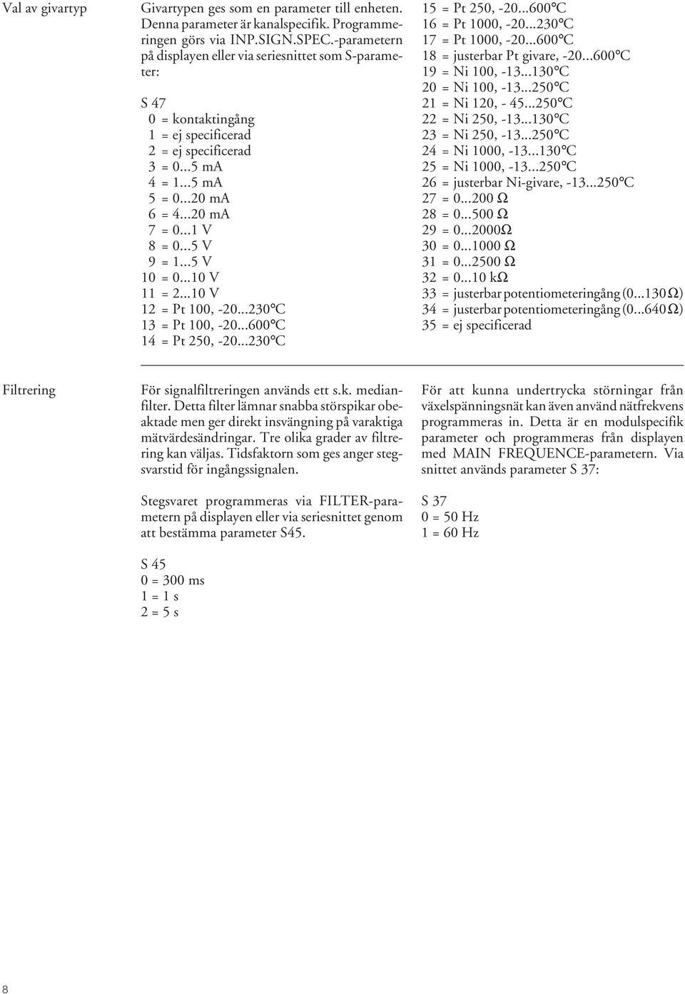 ..5 V 9 = 1...5 V 10 = 0...10 V 11 = 2...10 V 12 = Pt 100, -20...230 C 13 = Pt 100, -20...600 C 14 = Pt 250, -20...230 C 15 = Pt 250, -20...600 C 16 = Pt 1000, -20...230 C 17 = Pt 1000, -20.
