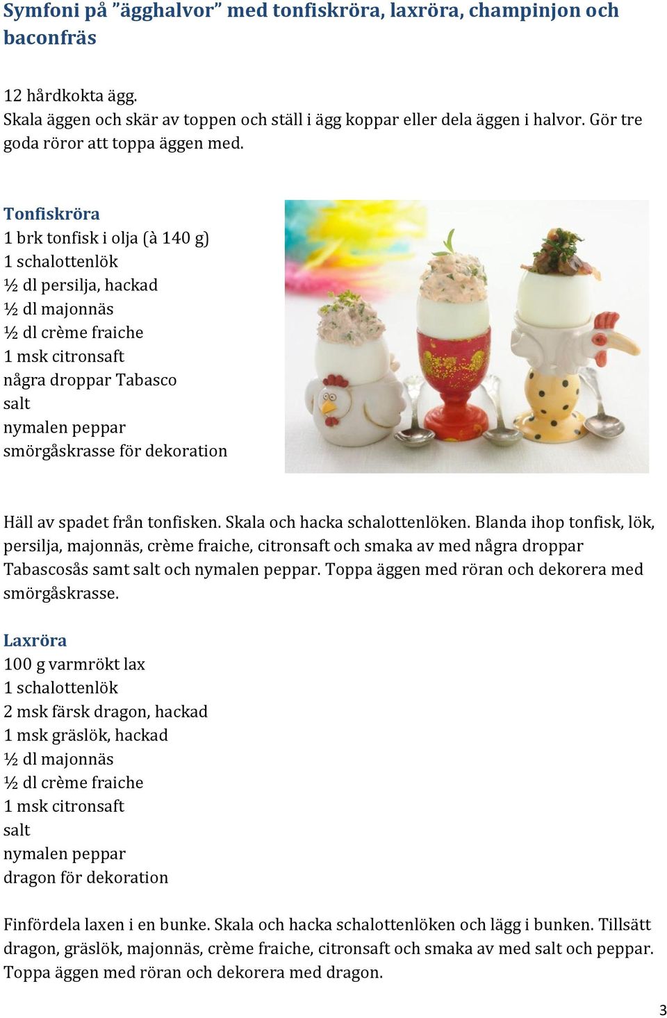 Tonfiskröra 1 brk tonfisk i olja (à 140 g) 1 schalottenlök ½ dl persilja, hackad ½ dl majonnäs ½ dl crème fraiche 1 msk citronsaft några droppar Tabasco salt nymalen peppar smörgåskrasse för