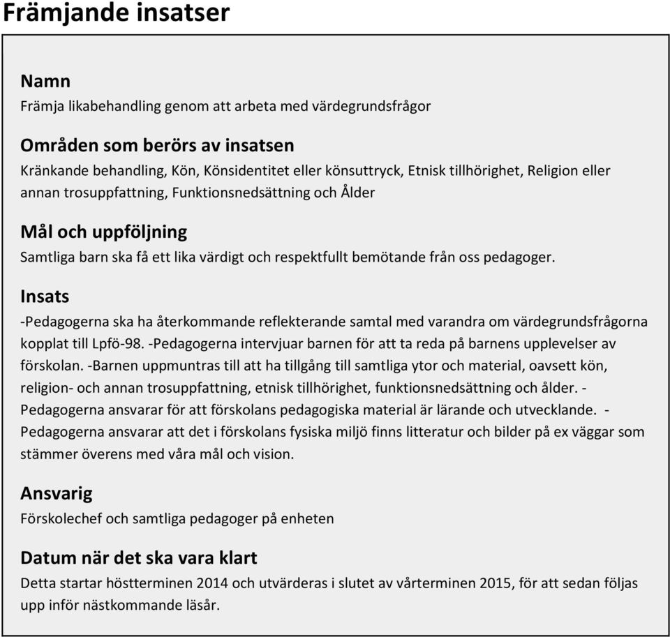Insats -Pedagogerna ska ha återkommande reflekterande samtal med varandra om värdegrundsfrågorna kopplat till Lpfö-98.