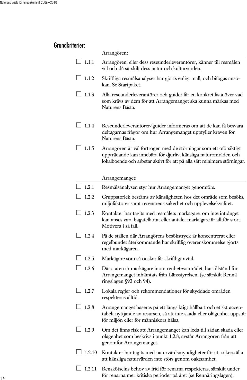 1.1.5 Arrangören är väl förtrogen med de störningar som ett oförsiktigt uppträdande kan innebära för djurliv, känsliga naturområden och lokalboende och arbetar aktivt för att på alla sätt minimera