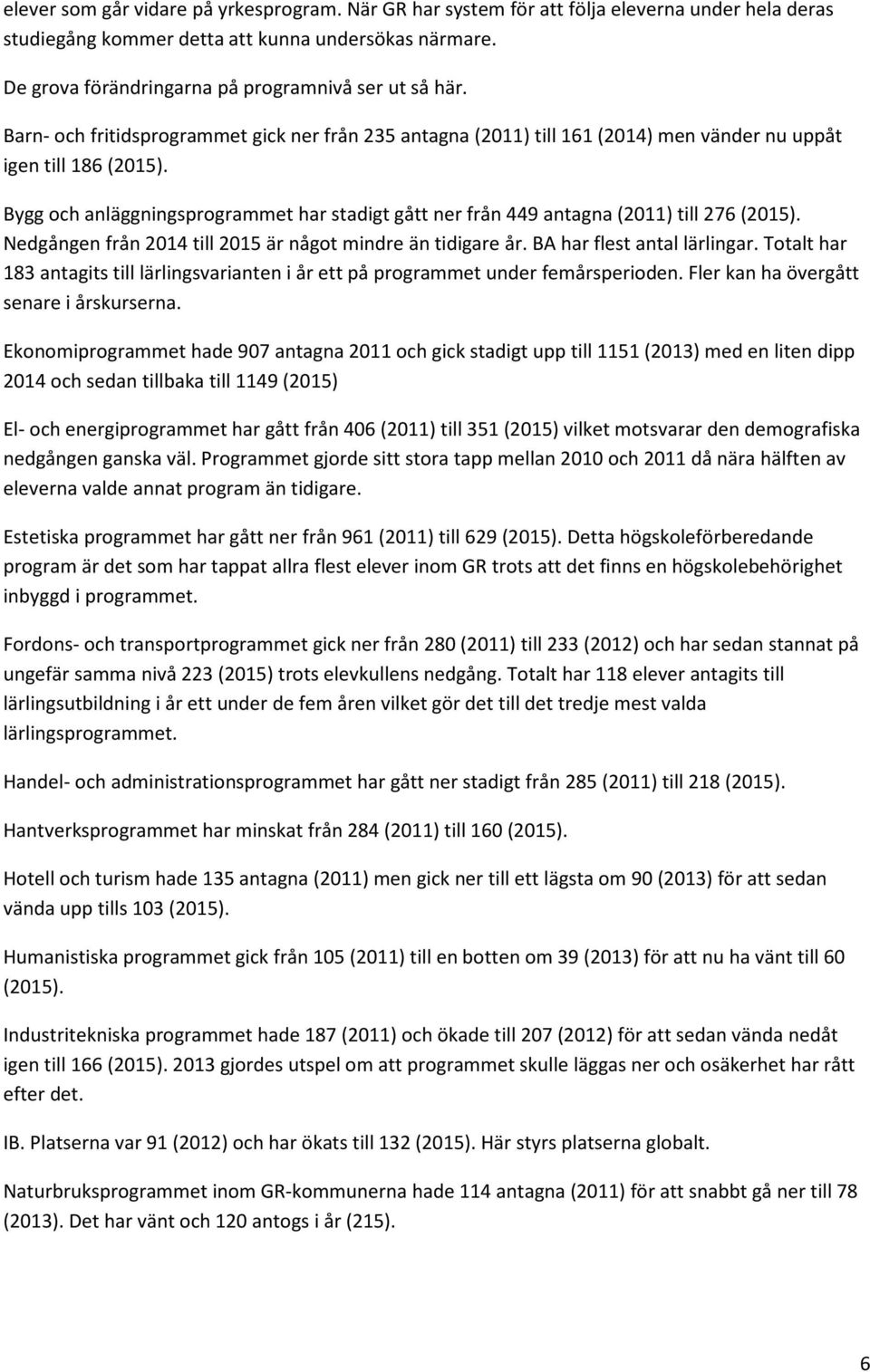 Bygg och anläggningsprogrammet har stadigt gått ner från 449 antagna (2011) till 276 (2015). Nedgången från 2014 till 2015 är något mindre än tidigare år. BA har flest antal lärlingar.