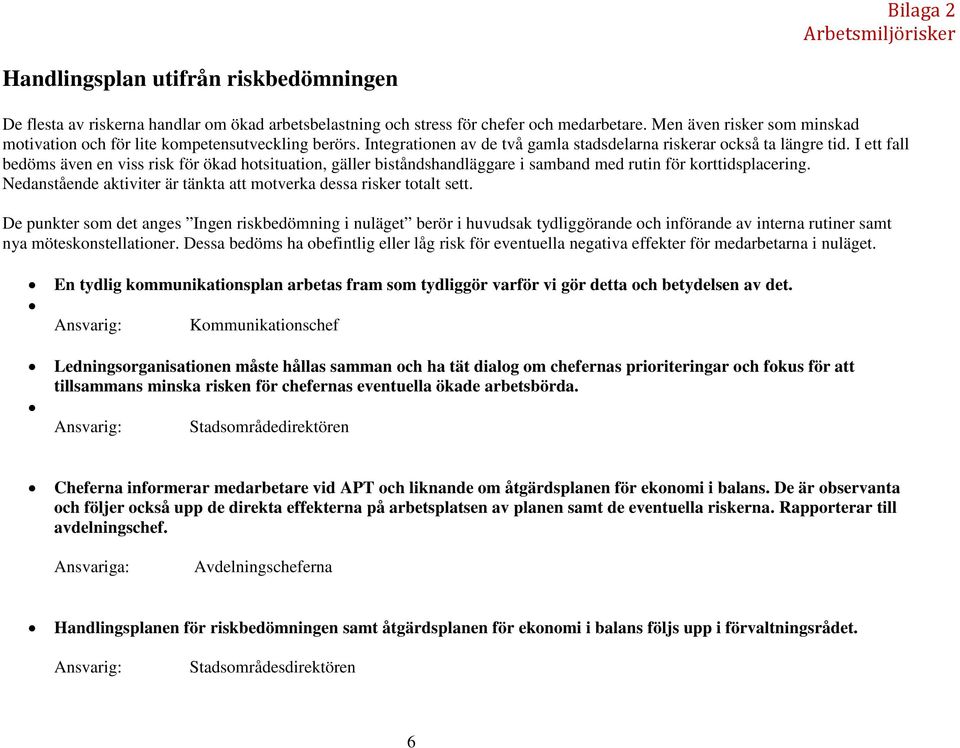 I ett fall bedöms även en viss risk för ökad hotsituation, gäller biståndshandläggare i samband med rutin för korttidsplacering. Nedanstående aktiviter är tänkta att motverka dessa risker totalt sett.