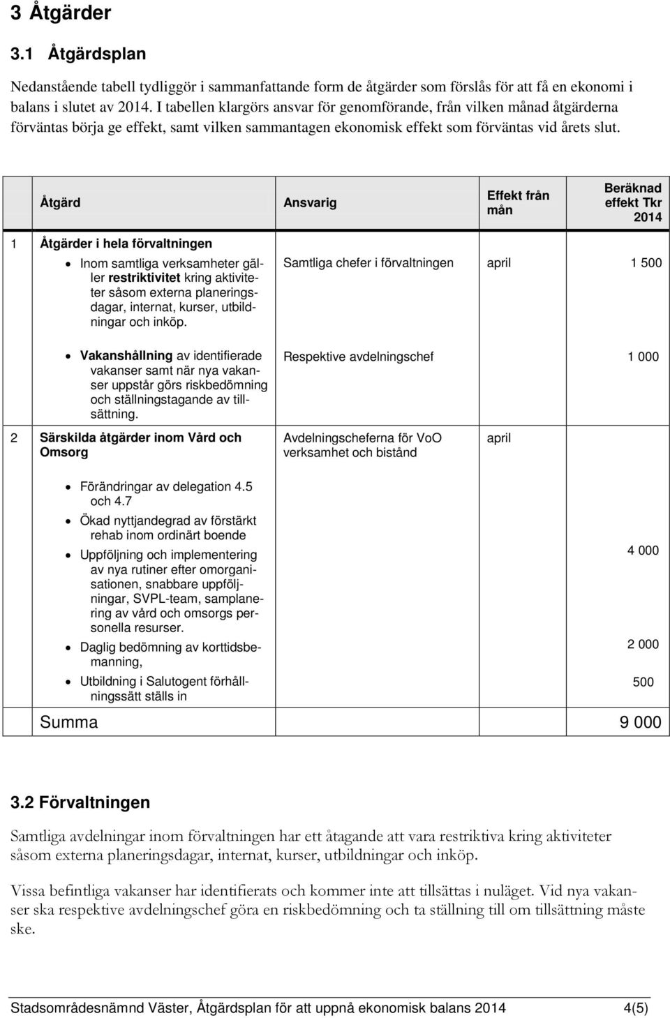 Åtgärd Ansvarig Effekt från mån Beräknad effekt Tkr 2014 1 Åtgärder i hela förvaltningen Inom samtliga verksamheter gäller restriktivitet kring aktiviteter såsom externa planeringsdagar, internat,