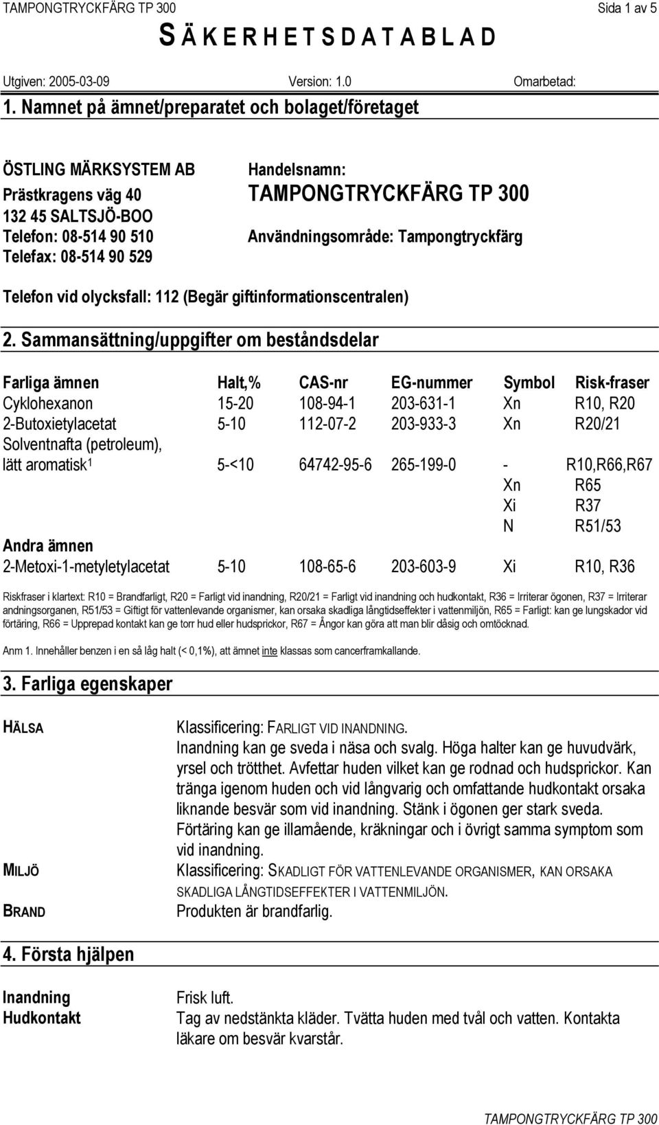 Tampongtryckfärg Telefon vid olycksfall: 112 (Begär giftinformationscentralen) 2.