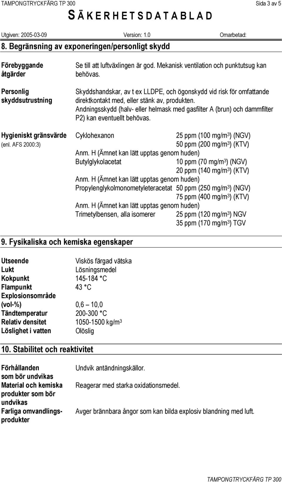 Andningsskydd (halv- eller helmask med gasfilter A (brun) och dammfilter P2) kan eventuellt behövas. Hygieniskt gränsvärde Cyklohexanon 25 ppm (100 mg/m 3 ) (NGV) (enl.