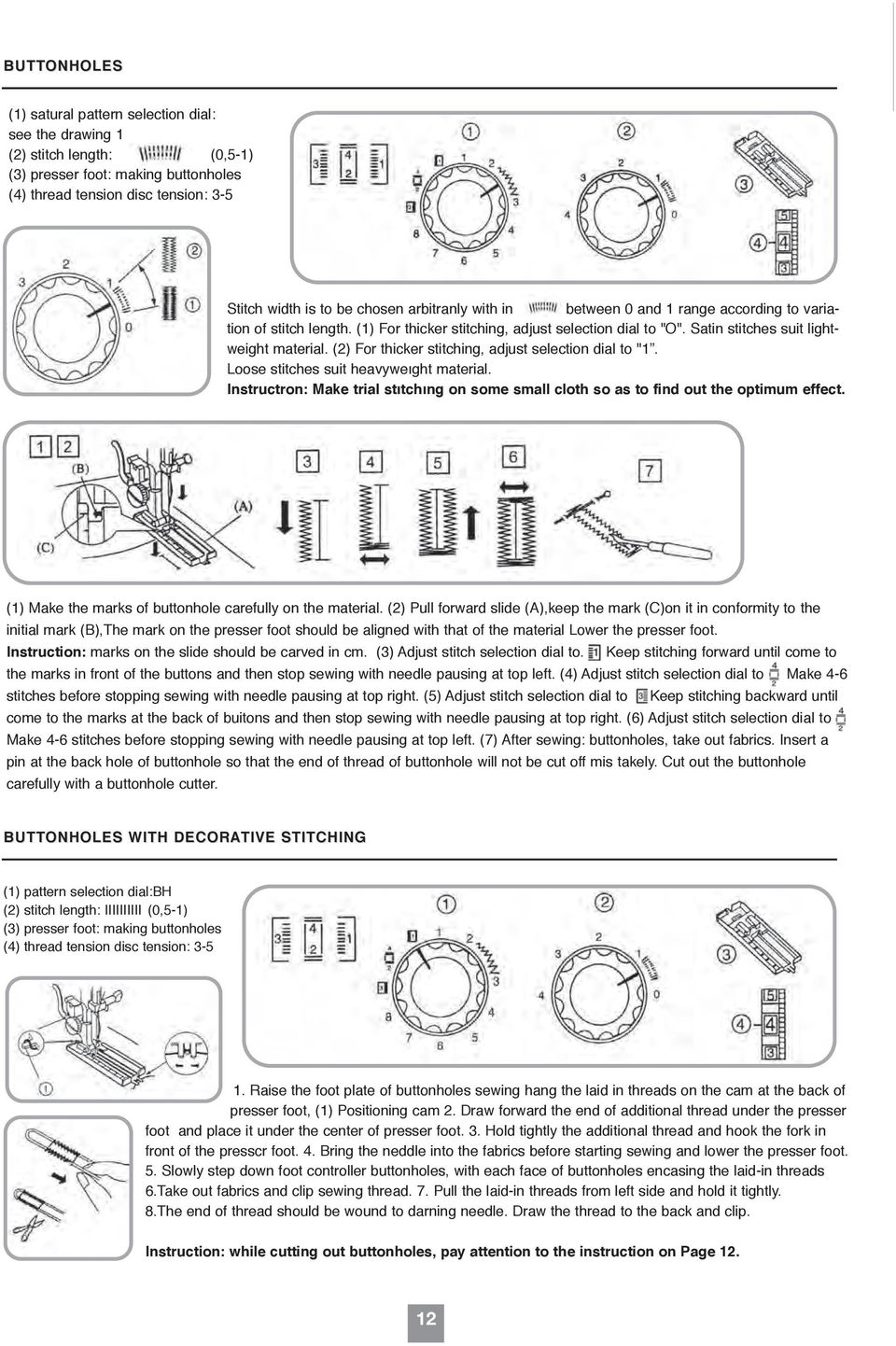 width is to be chosen arbitranly with in between 0 and 1 range according to variation of stitch length. (1) For thicker stitching, adjust selection dial to "O".