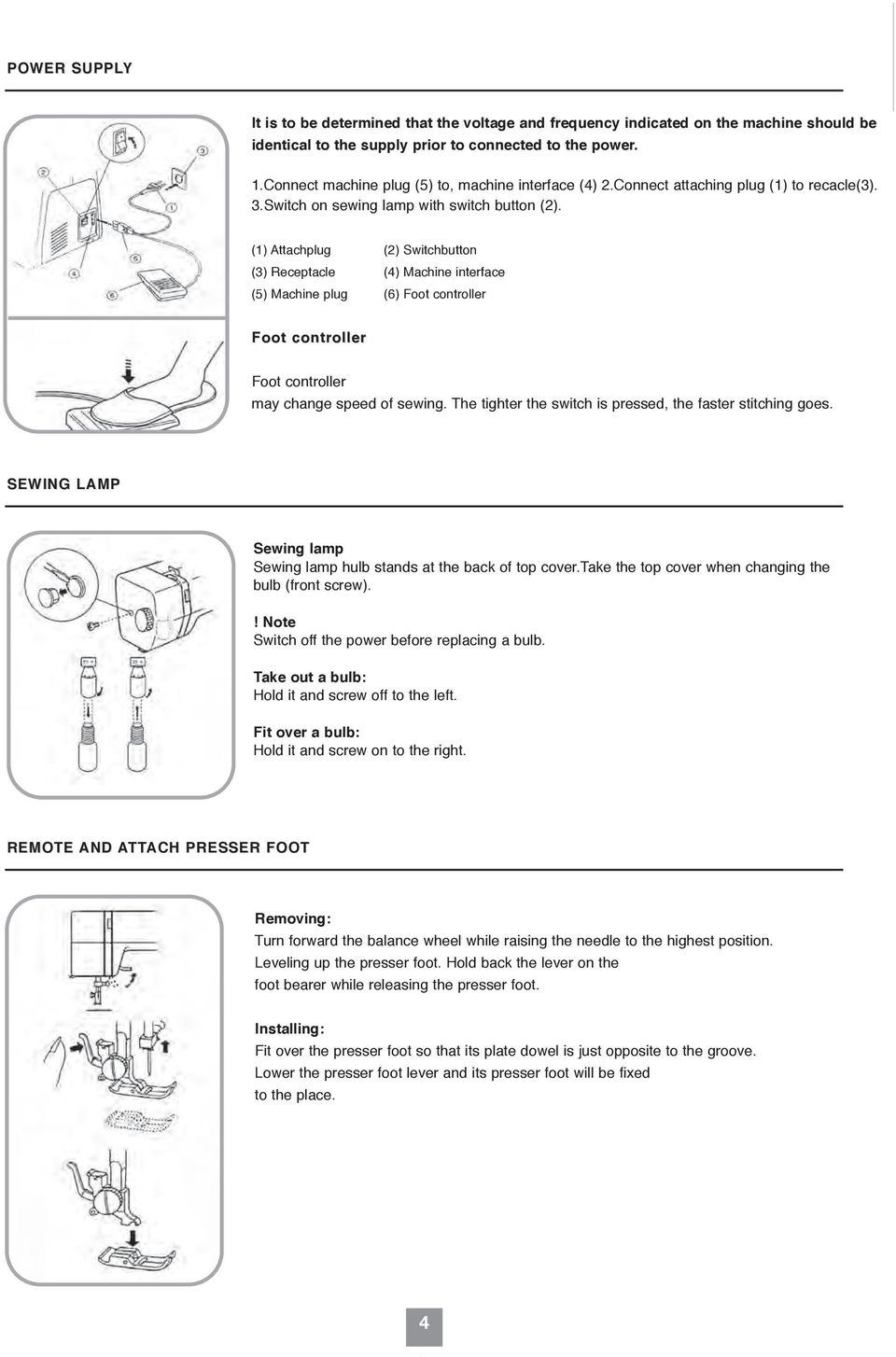 Connect attaching plug (1) to recacle(3). 3.Switch on sewing lamp with switch button (2).