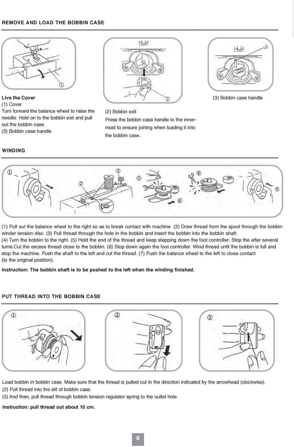 (3) Bobbin case handle WINDING (1) Pull out the balance wheel to the right so as to break contact with machine (2) Draw thread from the spool through the bobbin winder tension disc.