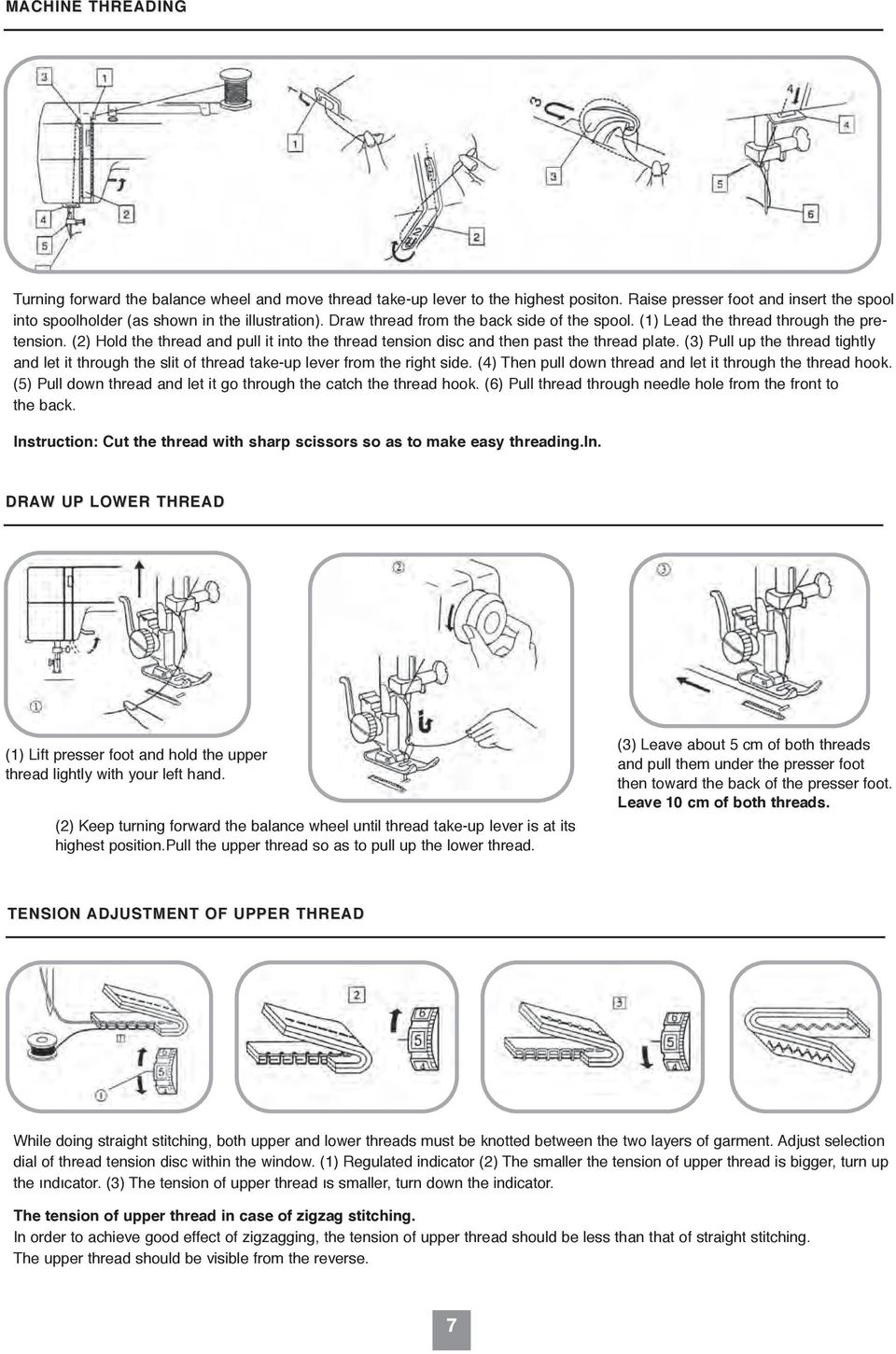 (2) Hold the thread and pull it into the thread tension disc and then past the thread plate. (3) Pull up the thread tightly and let it through the slit of thread take-up lever from the right side.