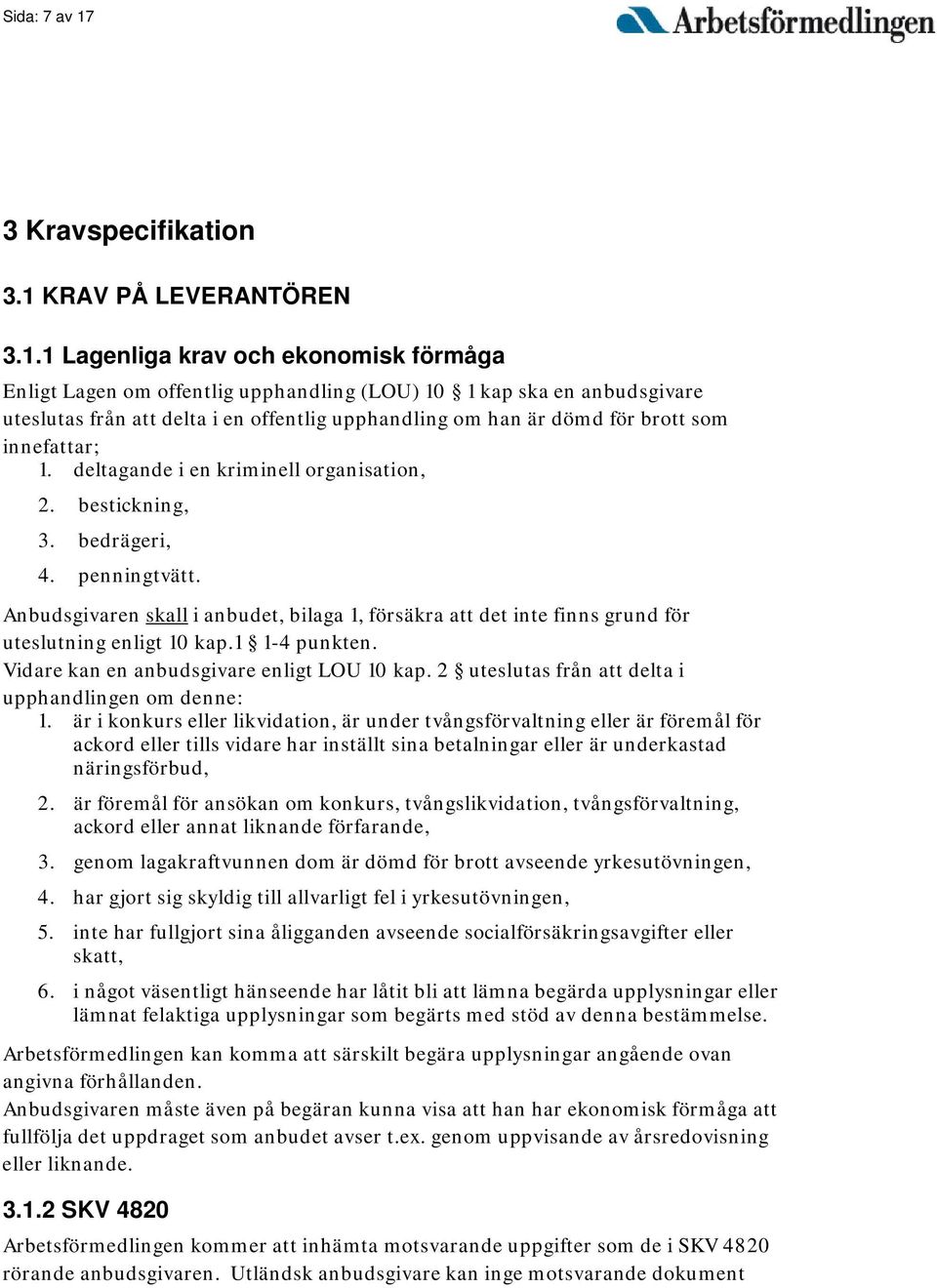 KRAV PÅ LEVERANTÖREN 3.1.