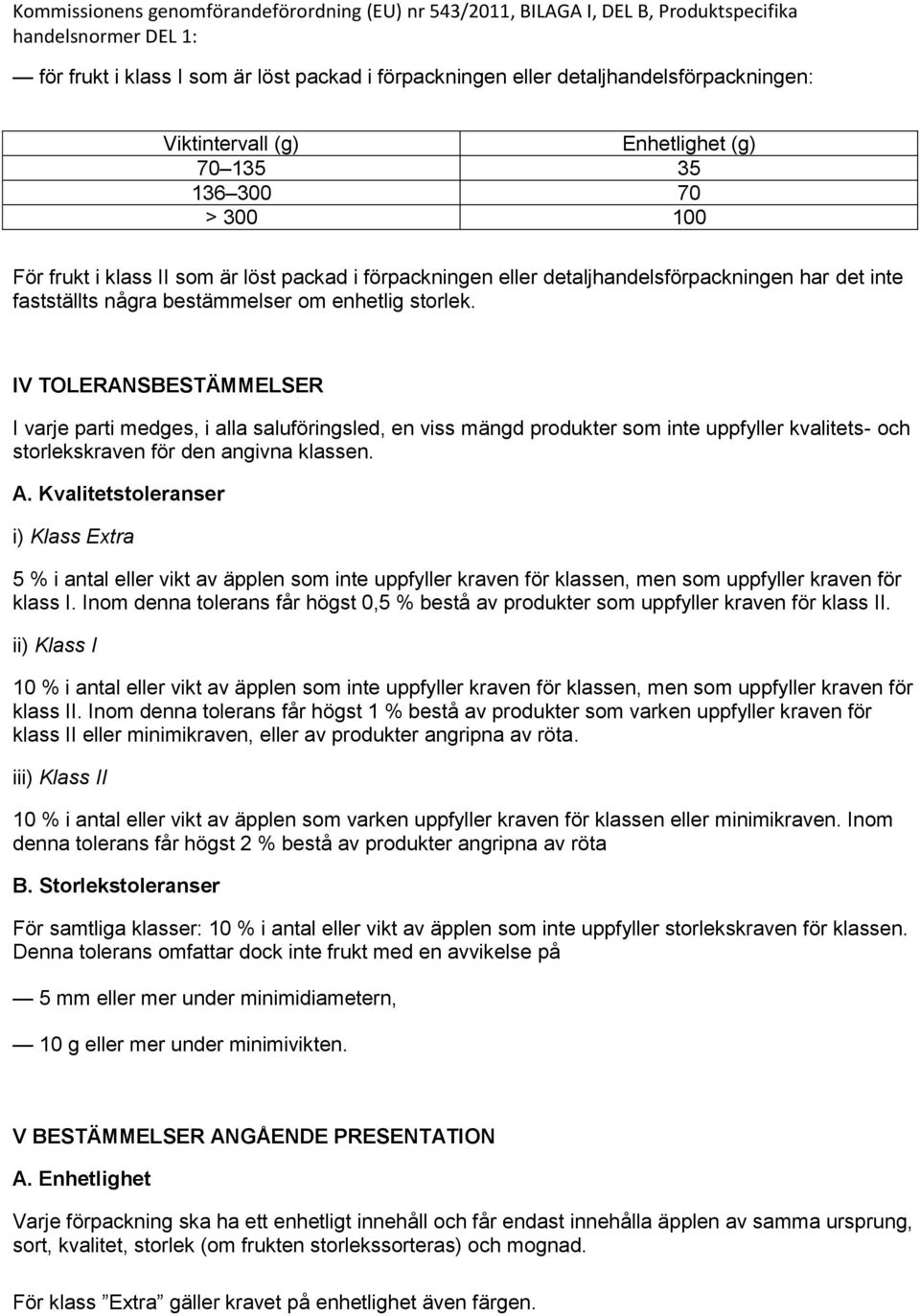 IV TOLENSESTÄMMELSE I varje parti medges, i alla saluföringsled, en viss mängd produkter som inte uppfyller kvalitets- och storlekskraven för den angivna klassen.