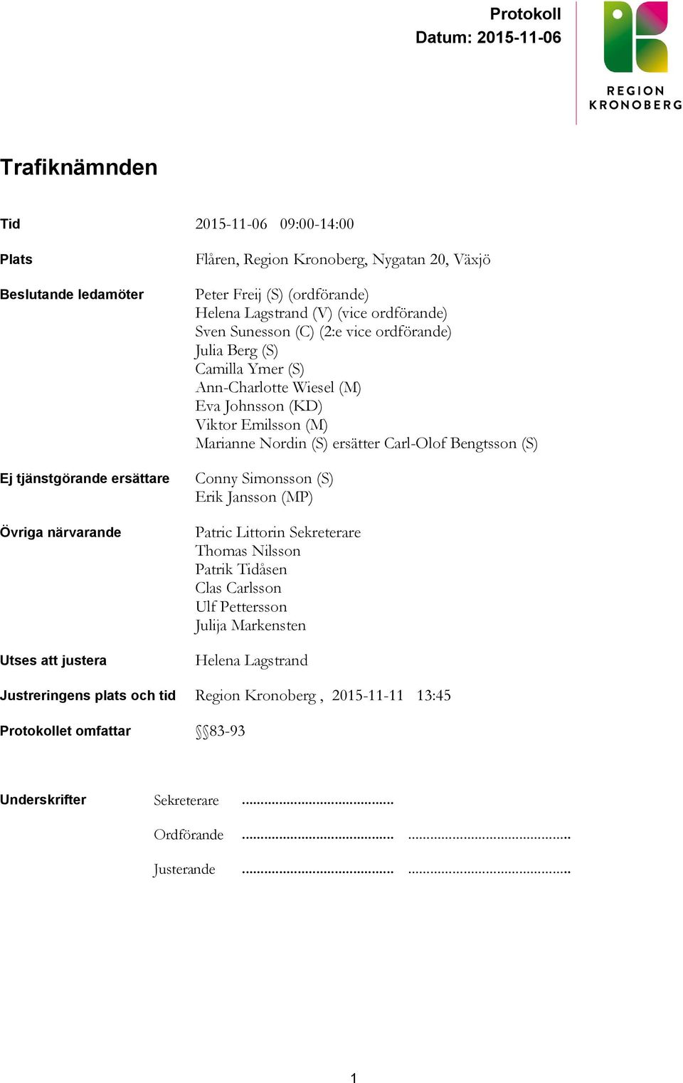 (M) Marianne Nordin (S) ersätter Carl-Olof Bengtsson (S) Conny Simonsson (S) Erik Jansson (MP) Patric Littorin Sekreterare Thomas Nilsson Patrik Tidåsen Clas Carlsson Ulf Pettersson