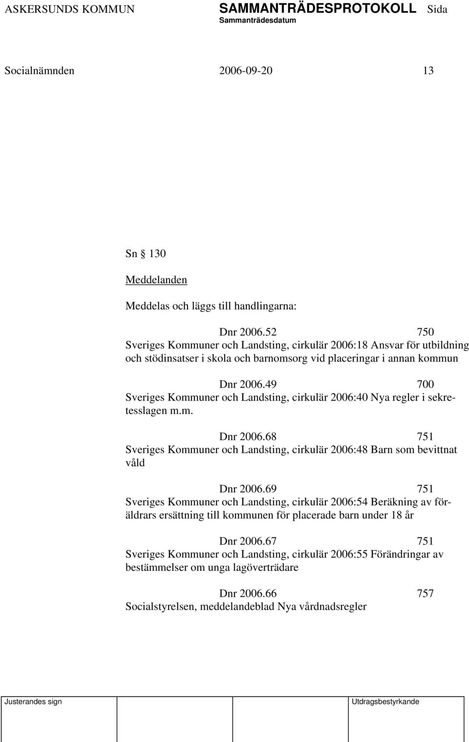 49 700 Sveriges Kommuner och Landsting, cirkulär 2006:40 Nya regler i sekretesslagen m.m. Dnr 2006.68 751 Sveriges Kommuner och Landsting, cirkulär 2006:48 Barn som bevittnat våld Dnr 2006.