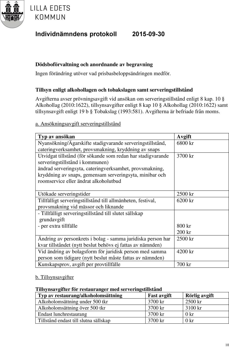 10 Alkohollag (2010:1622), tillsynsavgifter enligt 8 kap 10 Alkohollag (2010:1622) samt tillsynsavgift enligt 19 b Tobakslag (1993:581). Avgifterna är befriade från moms. a.