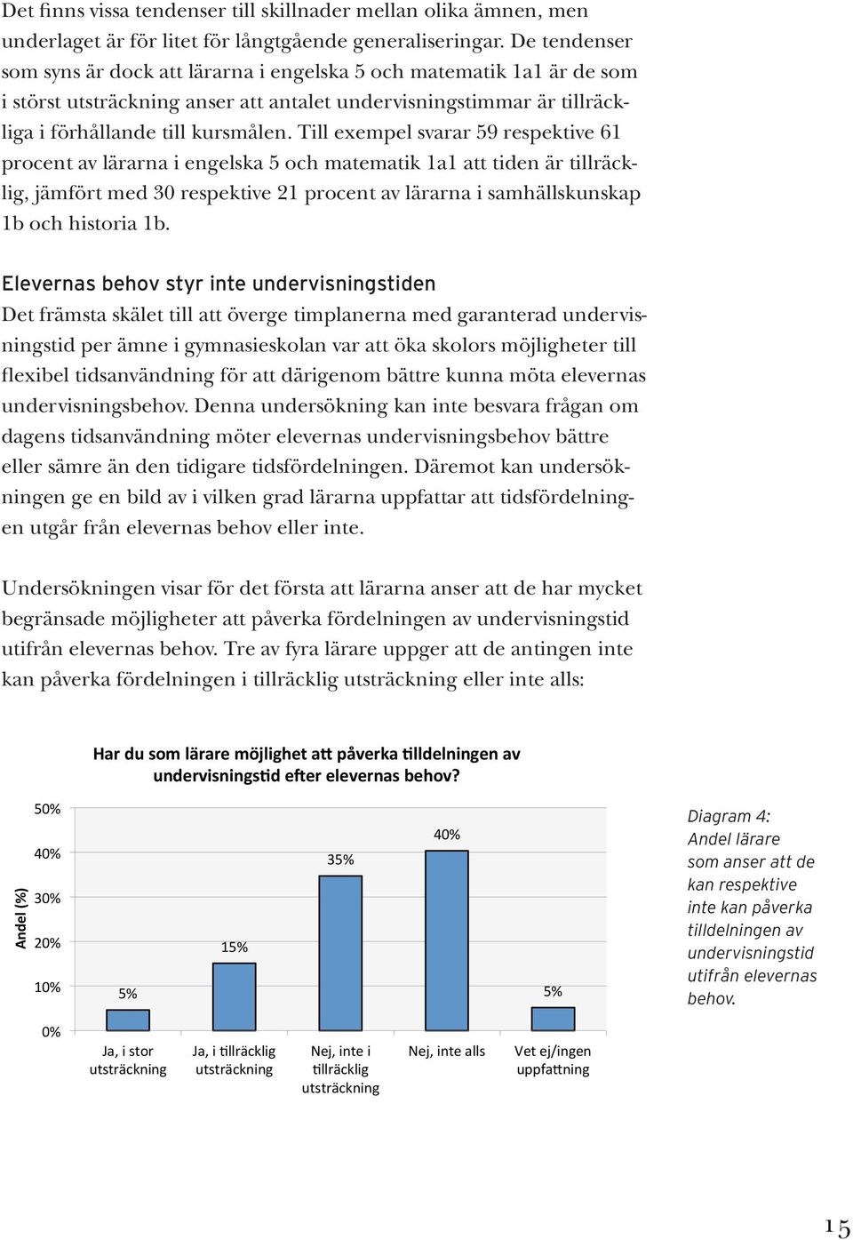 Till exempel svarar 59 respektive 61 procent av lärarna i engelska 5 och matematik 1a1 att tiden är tillräcklig, jämfört med 30 respektive 21 procent av lärarna i samhällskunskap 1b och historia 1b.